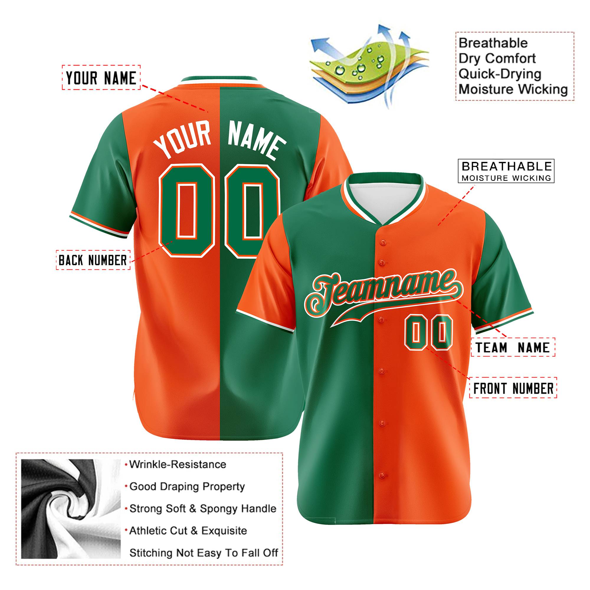 Custom Kelly Green Orange Authentic Split Fashion Baseball Jersey