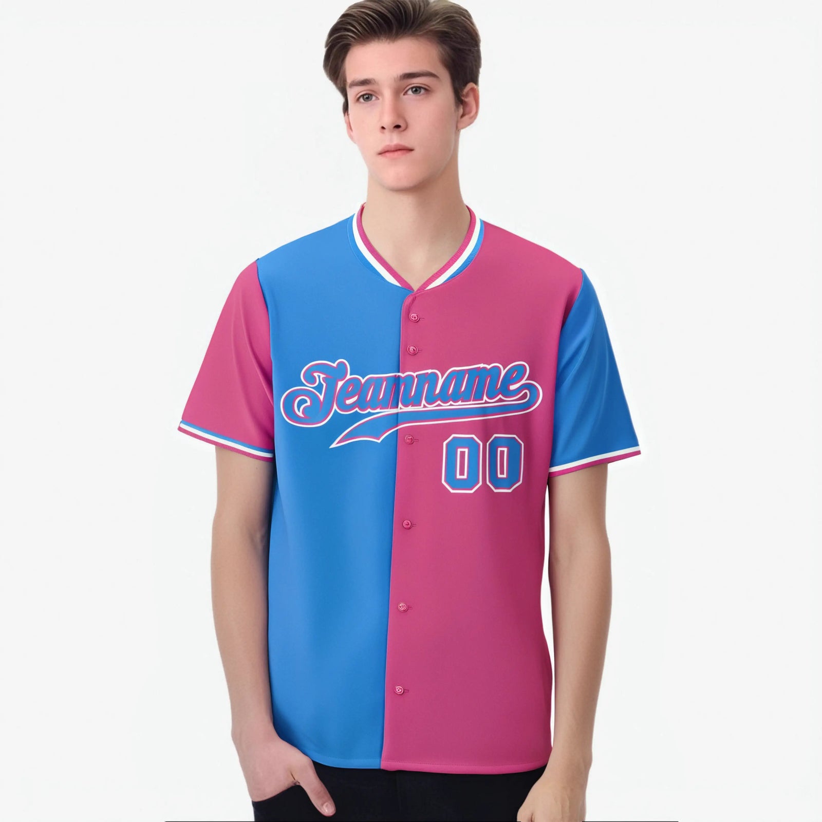 Custom Powder Blue Pink Authentic Split Fashion Baseball Jersey