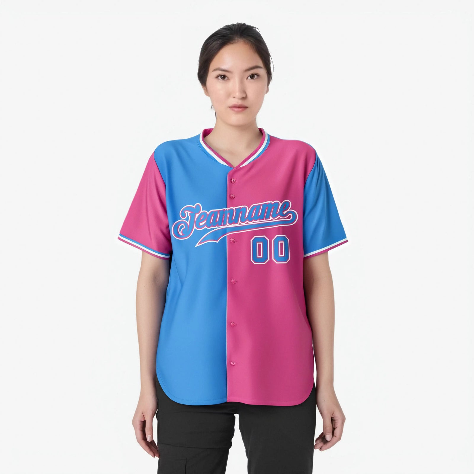 Custom Powder Blue Pink Authentic Split Fashion Baseball Jersey