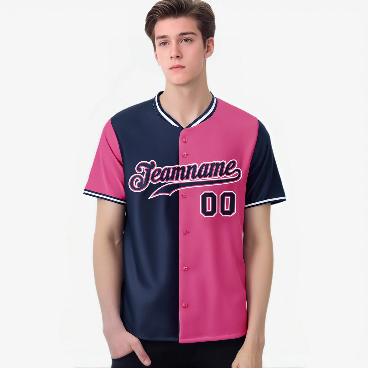 Custom Navy Pink Authentic Split Fashion Baseball Jersey