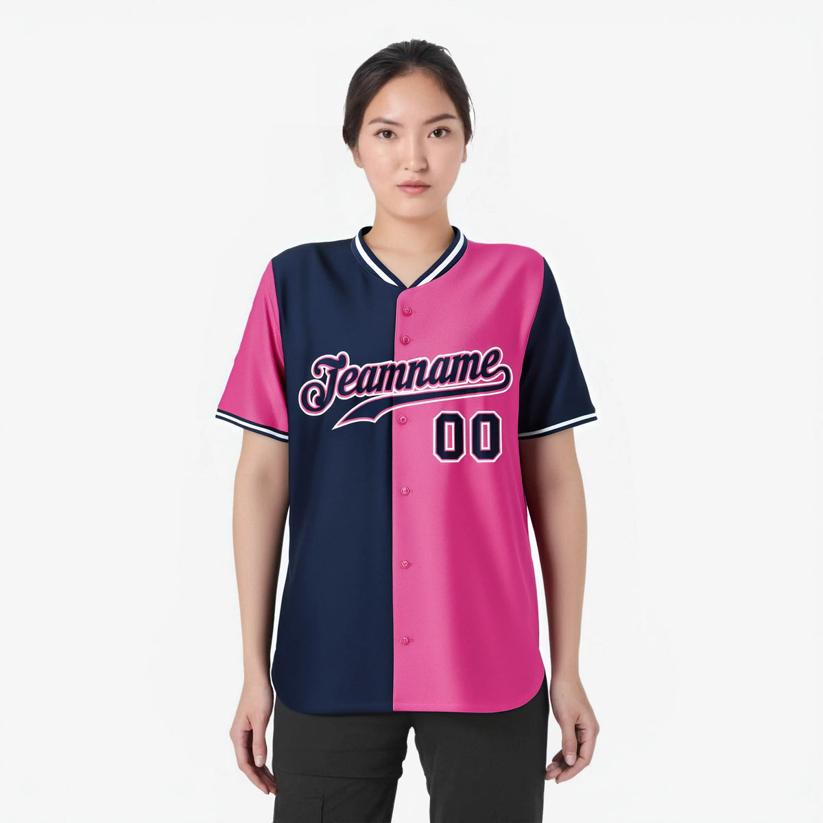 Custom Navy Pink Authentic Split Fashion Baseball Jersey