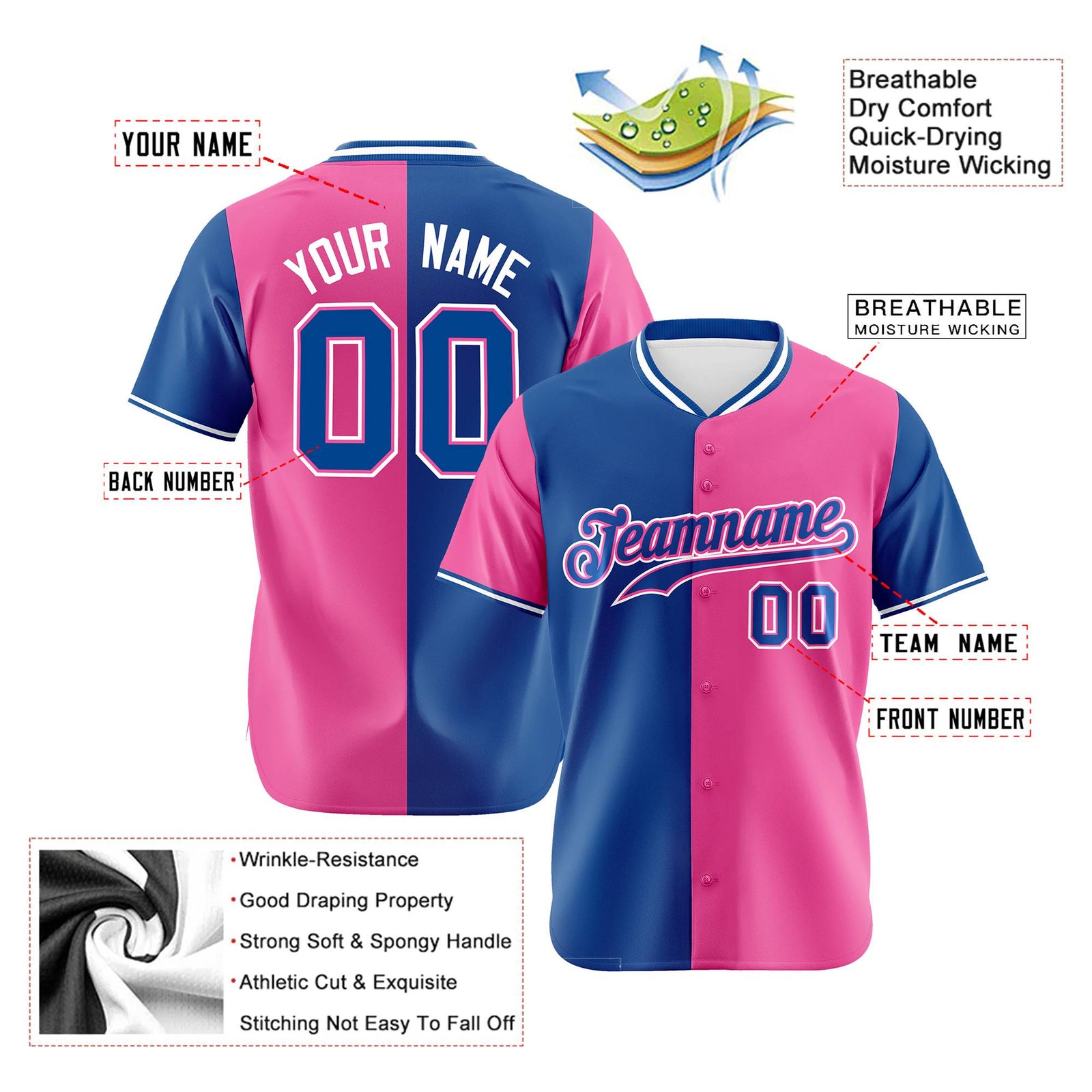 Custom Royal Blue Pink Authentic Split Fashion Baseball Jersey