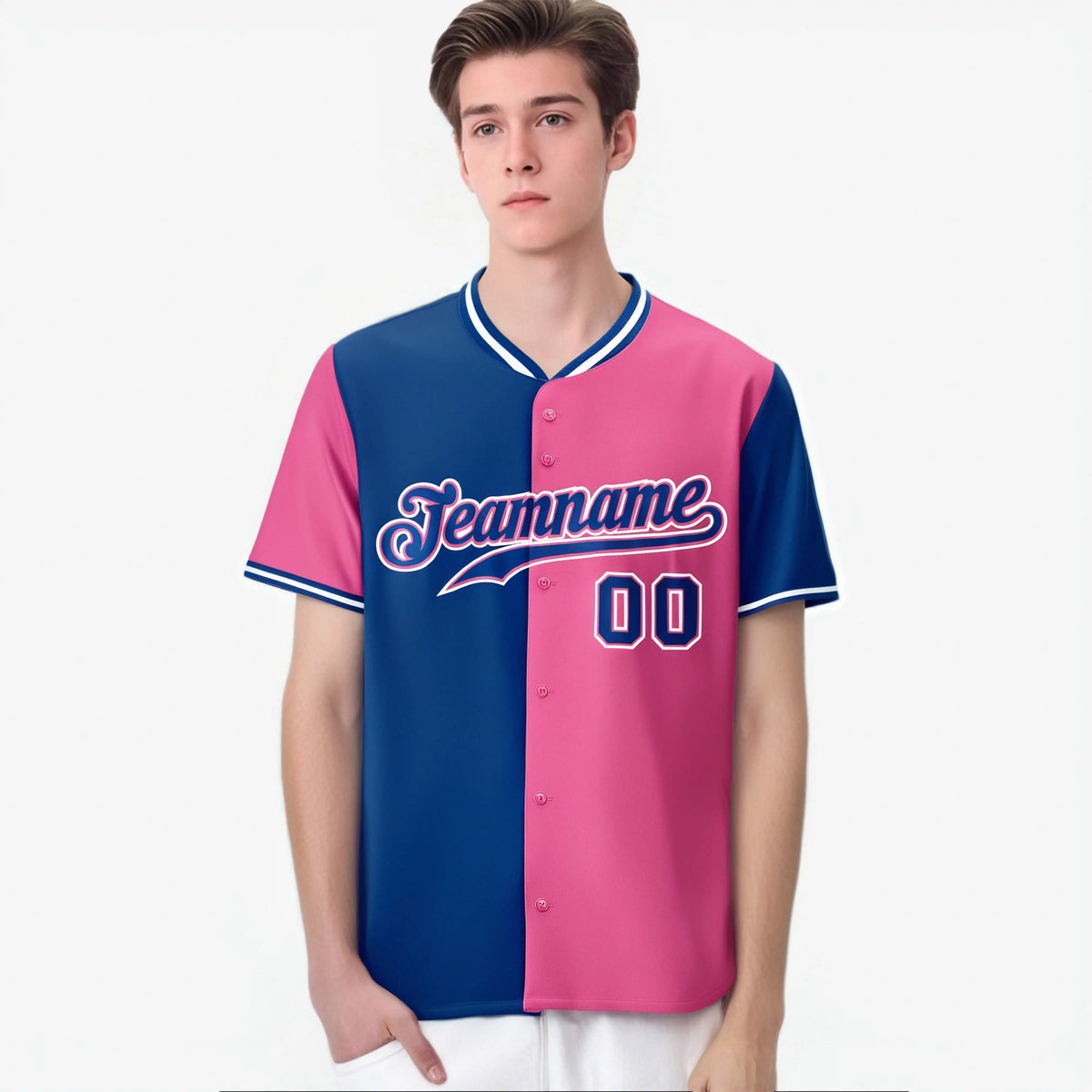 Custom Royal Blue Pink Authentic Split Fashion Baseball Jersey