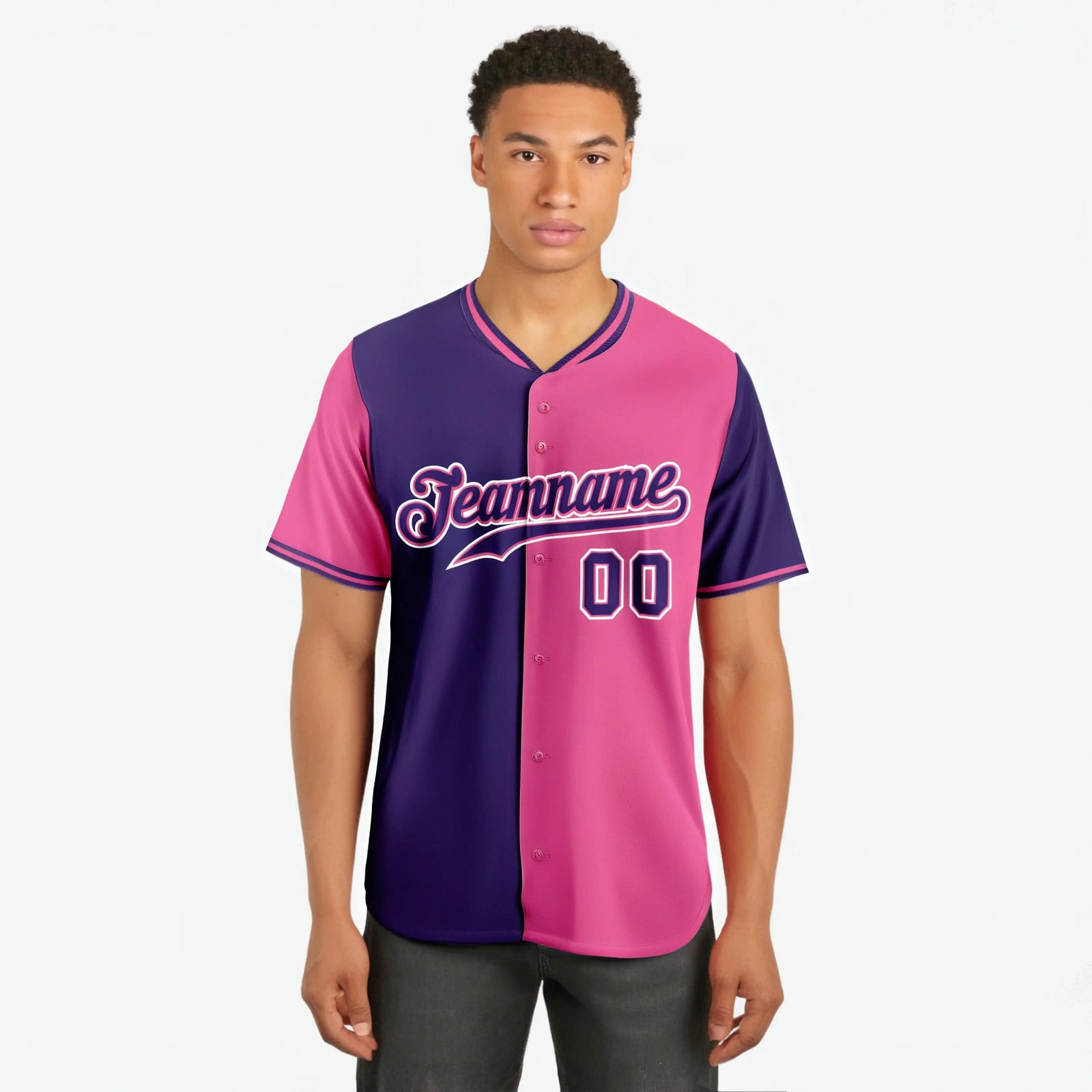 Custom Purple Pink Authentic Split Fashion Baseball Jersey