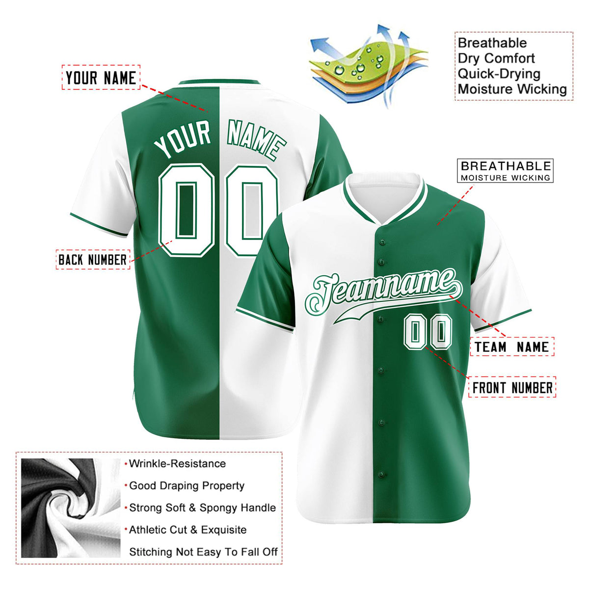 Custom White Kelly Green Authentic Split Fashion Baseball Jersey
