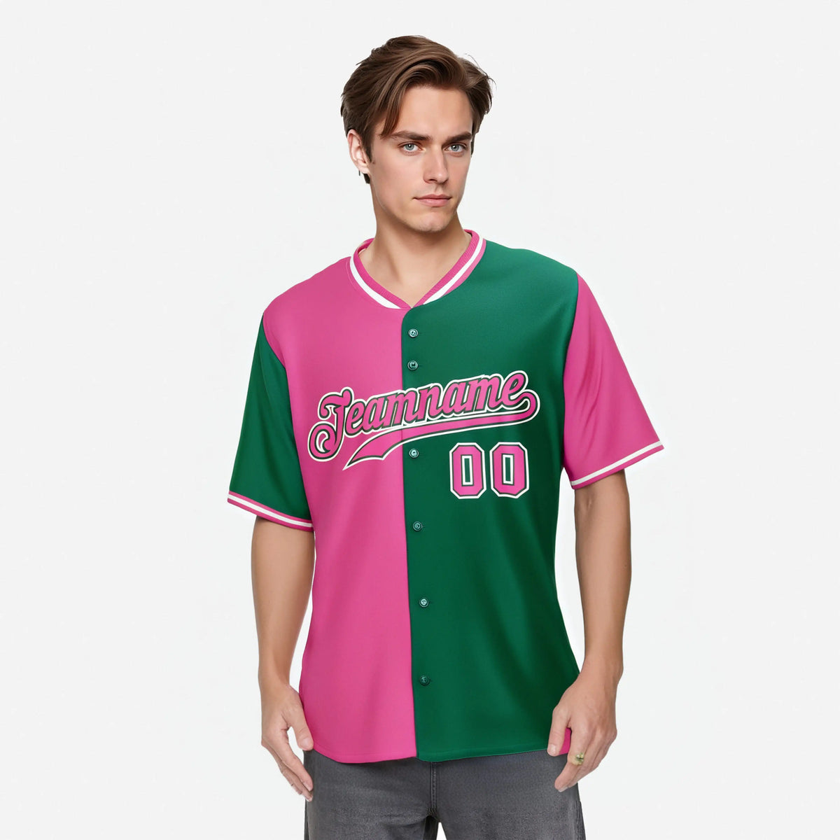 Custom Pink Kelly Green Authentic Split Fashion Baseball Jersey