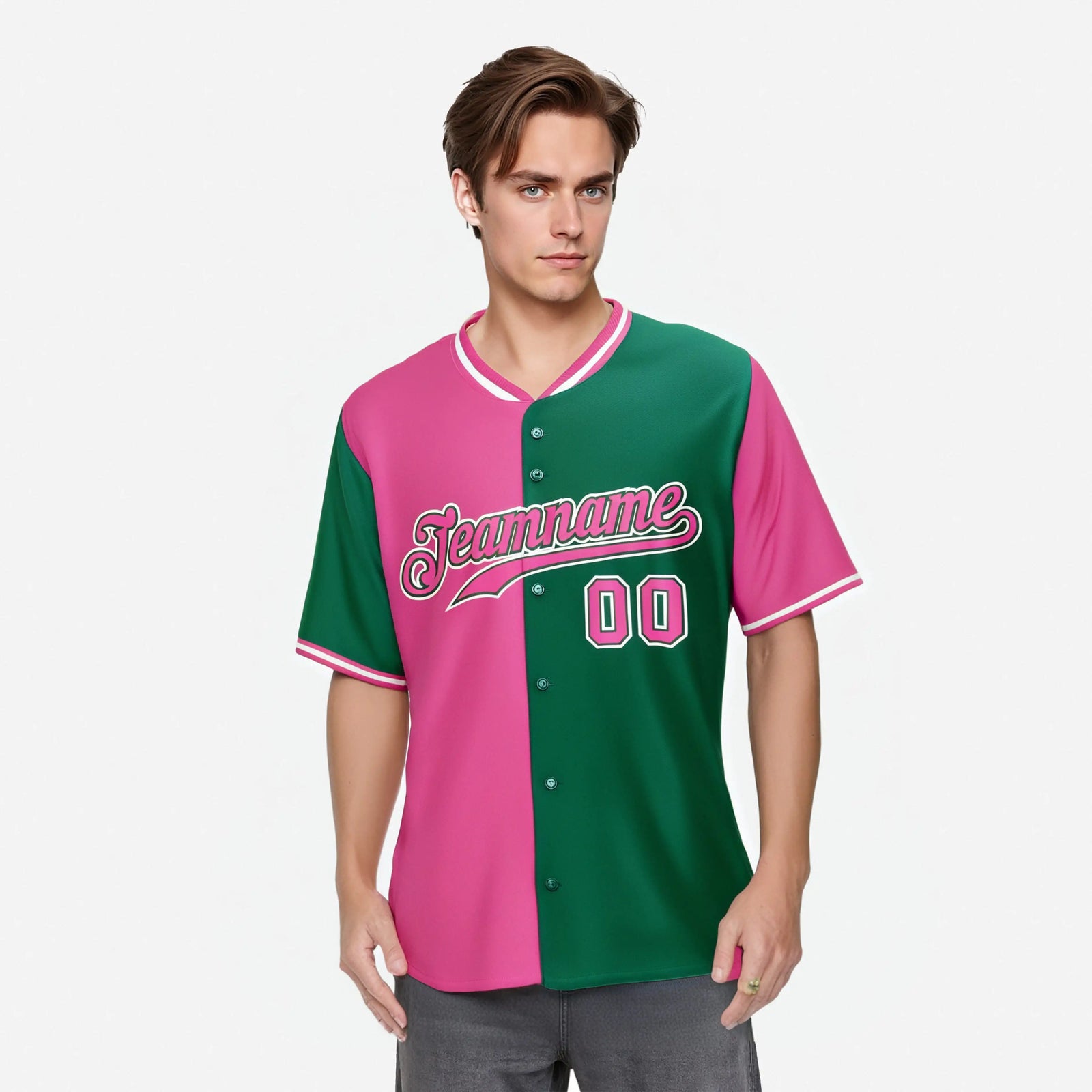 Custom Pink Kelly Green Authentic Split Fashion Baseball Jersey