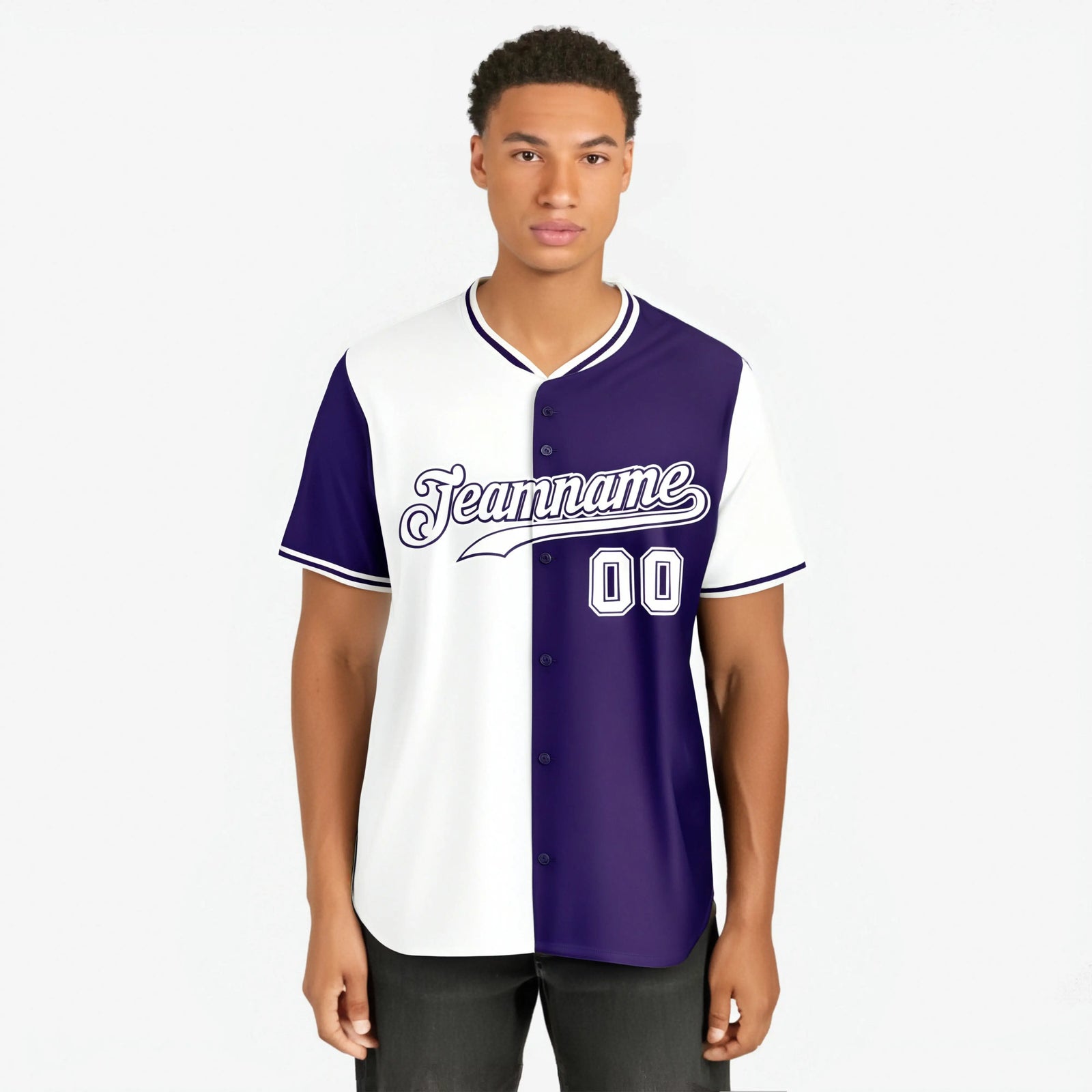 Custom White Purple Authentic Split Fashion Baseball Jersey