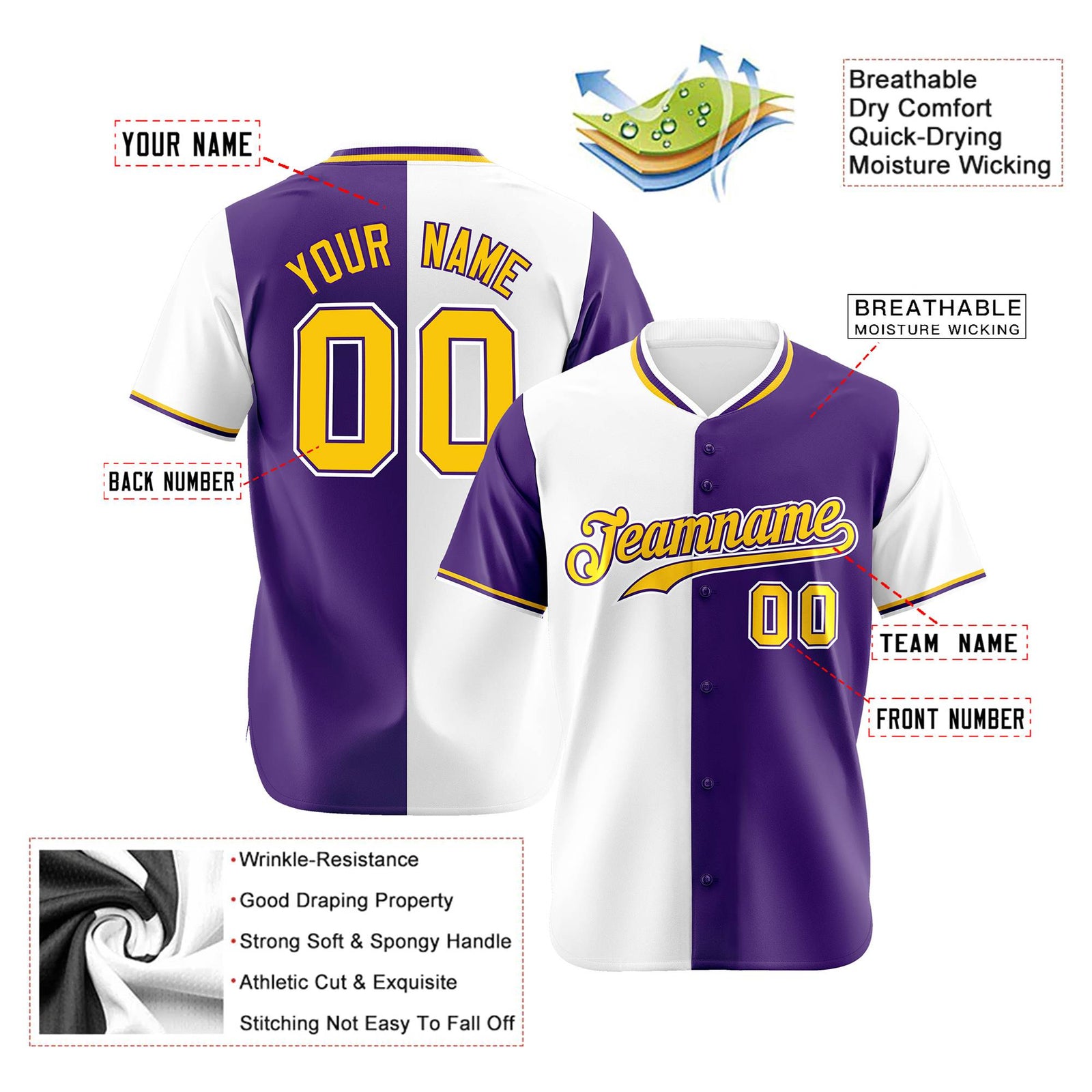 Custom White Purple Authentic Split Fashion Baseball Jersey