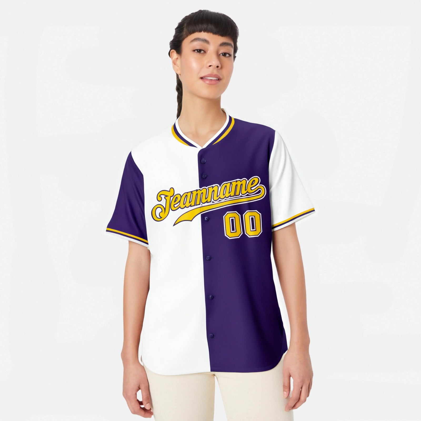 Custom White Purple Authentic Split Fashion Baseball Jersey