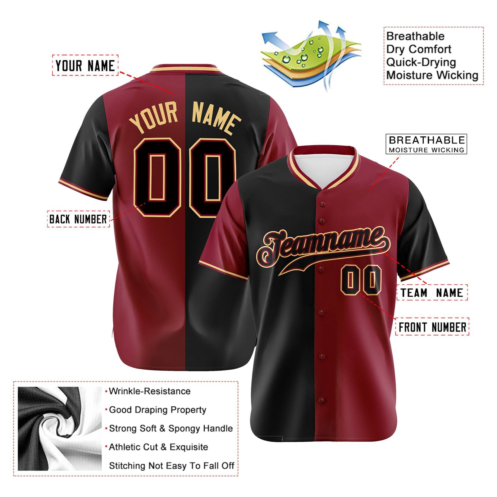 Custom Black Crimson Authentic Split Fashion Baseball Jersey