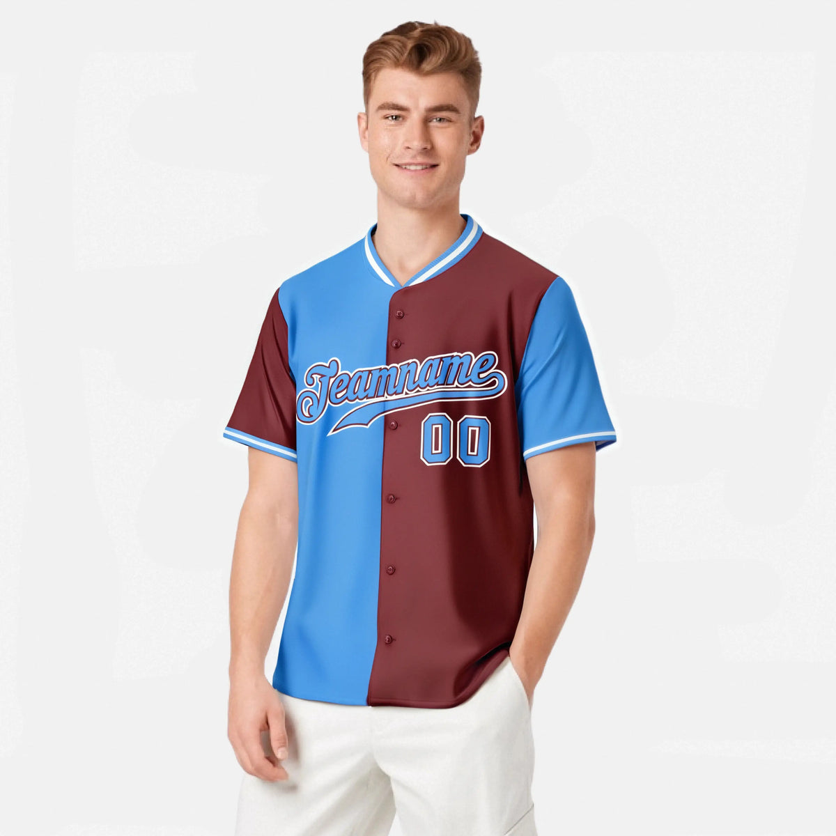 Custom Powder Blue Crimson Authentic Split Fashion Baseball Jersey