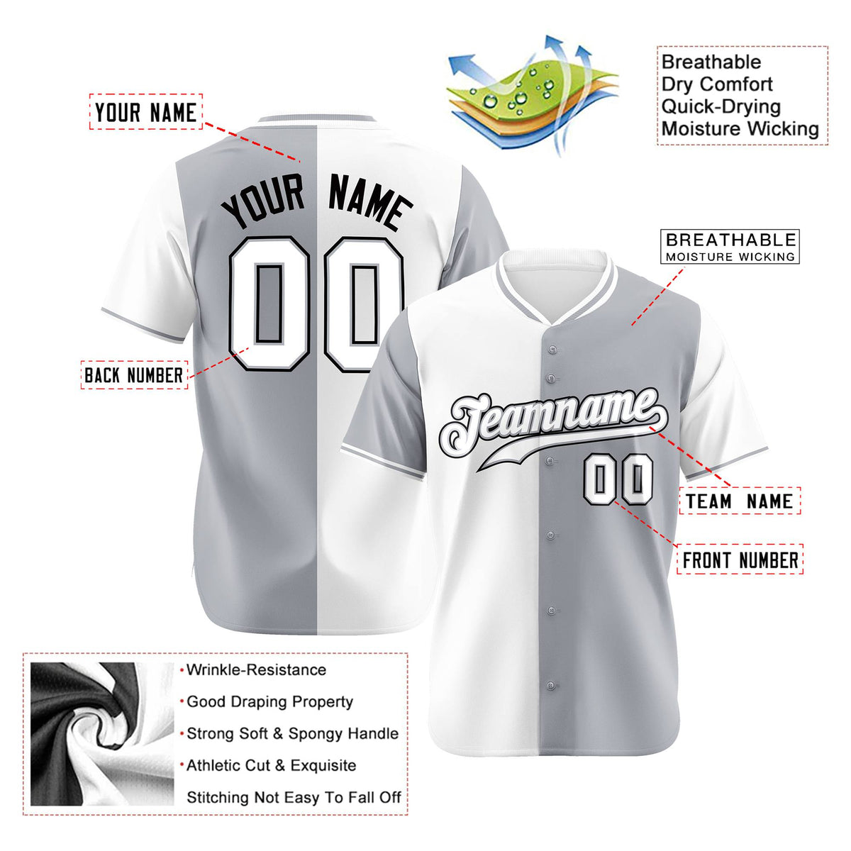 Custom White Gray Authentic Split Fashion Baseball Jersey