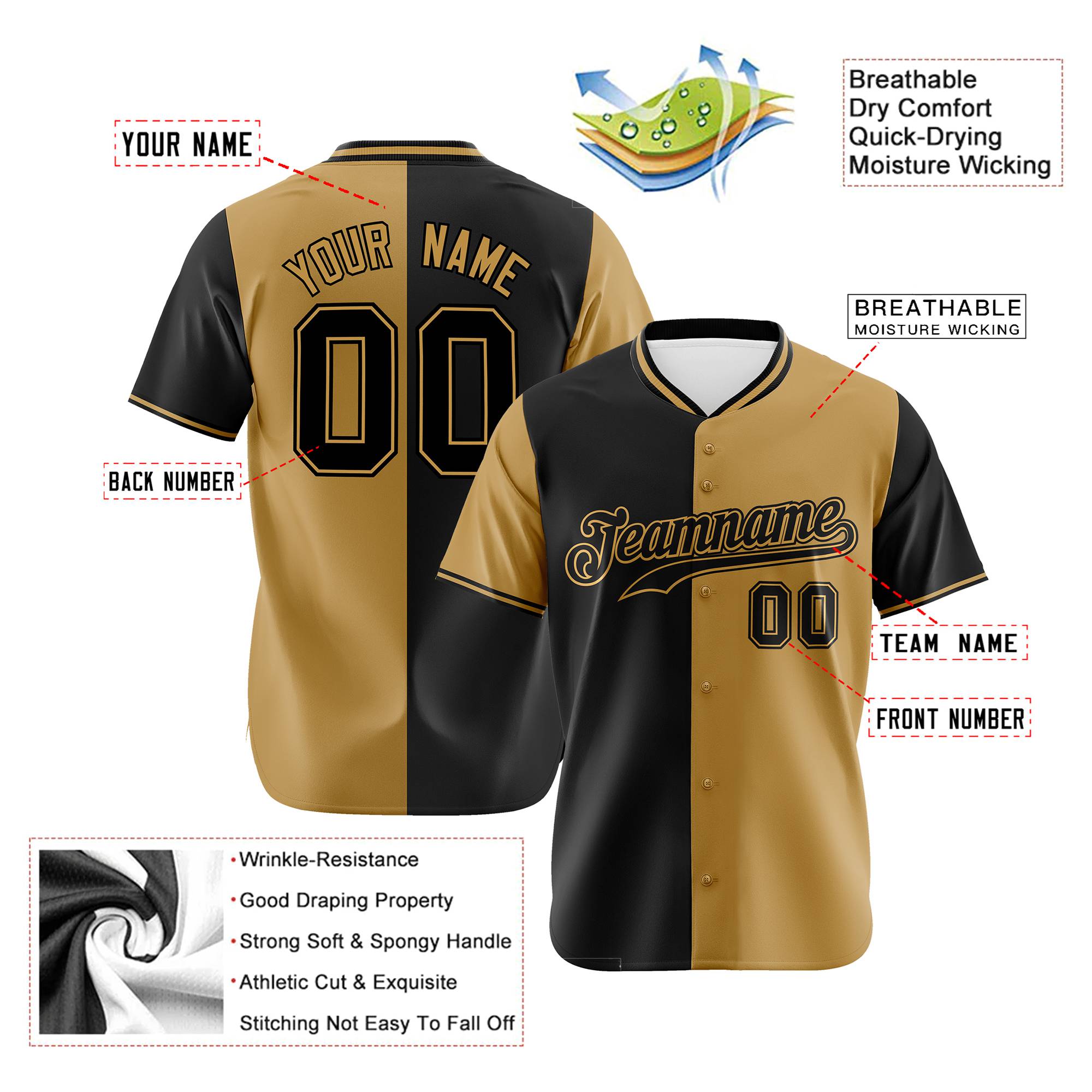 Custom Black Old Gold Authentic Split Fashion Baseball Jersey