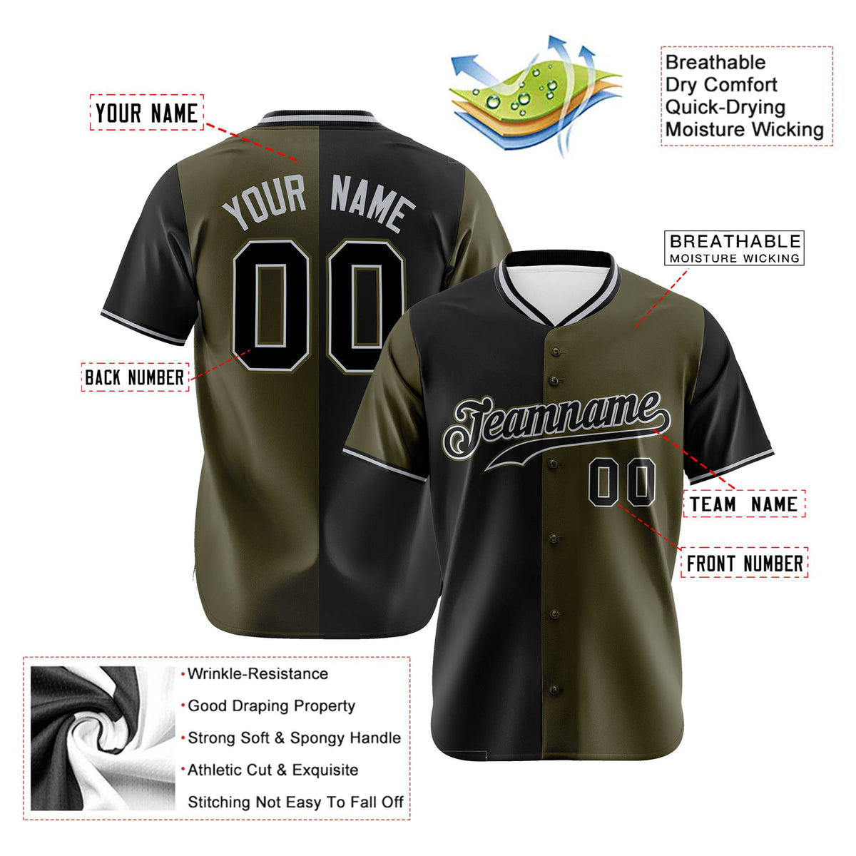 Custom Black Olive Authentic Split Fashion Baseball Jersey
