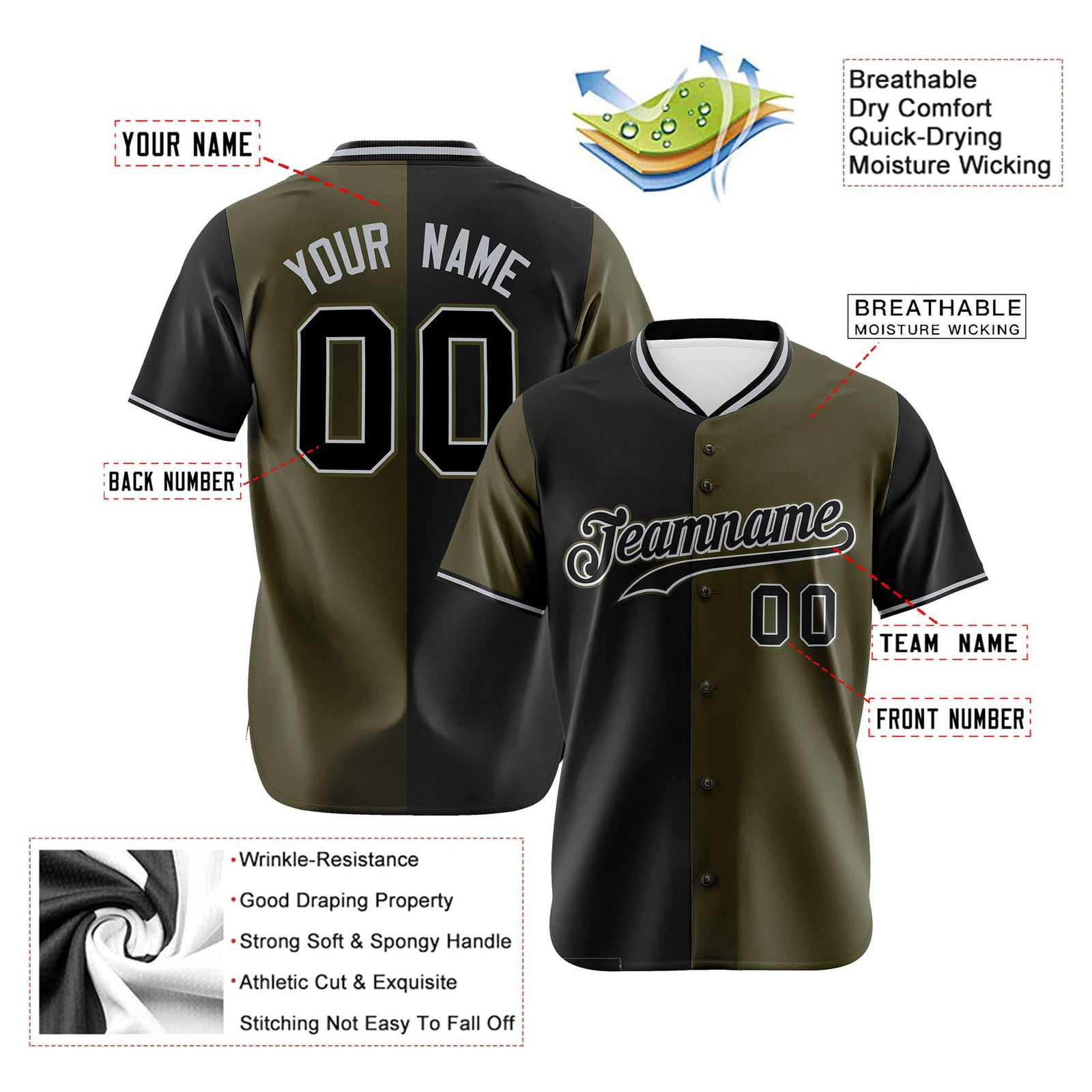 Custom Black Olive Authentic Split Fashion Baseball Jersey