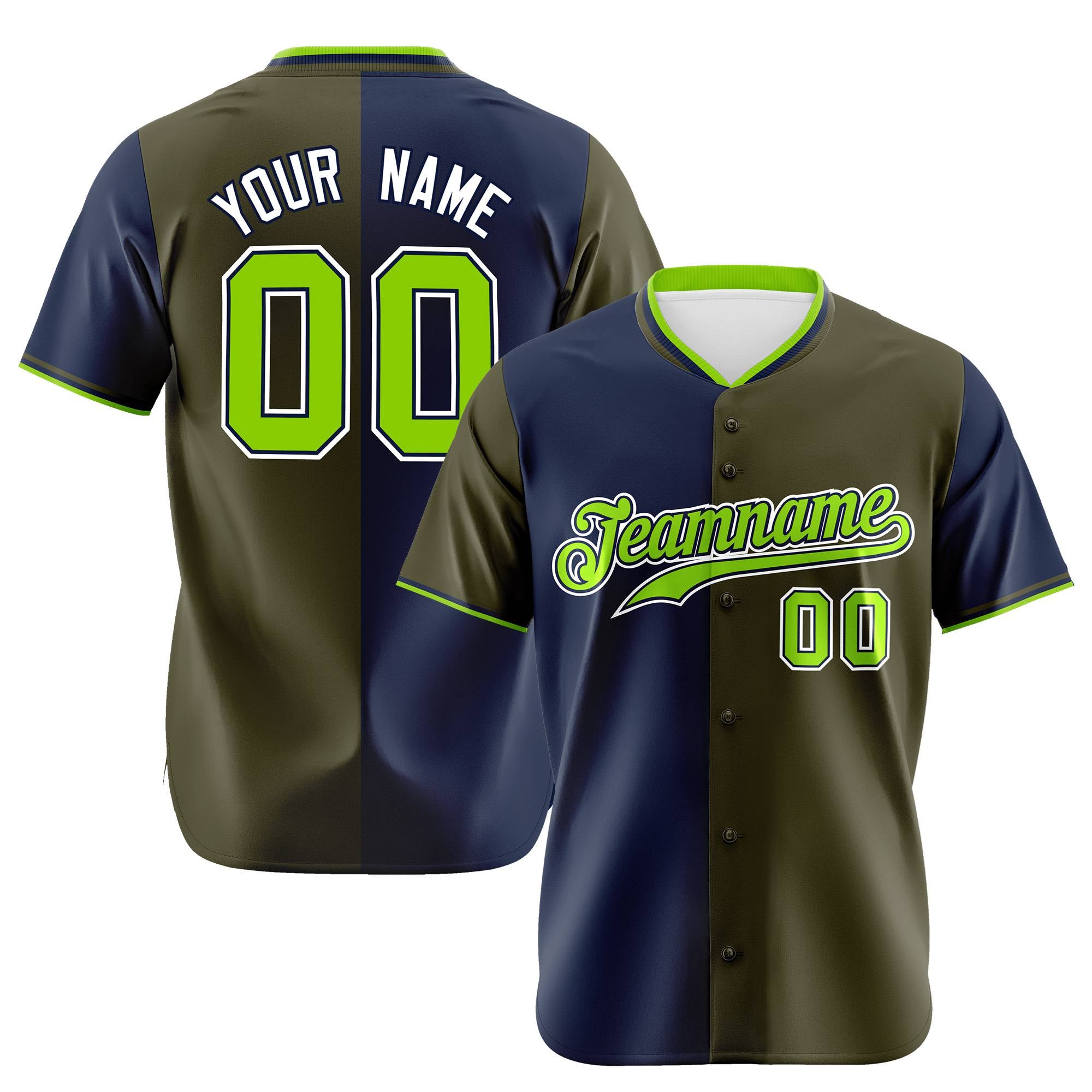 Custom Navy Olive Authentic Split Fashion Baseball Jersey