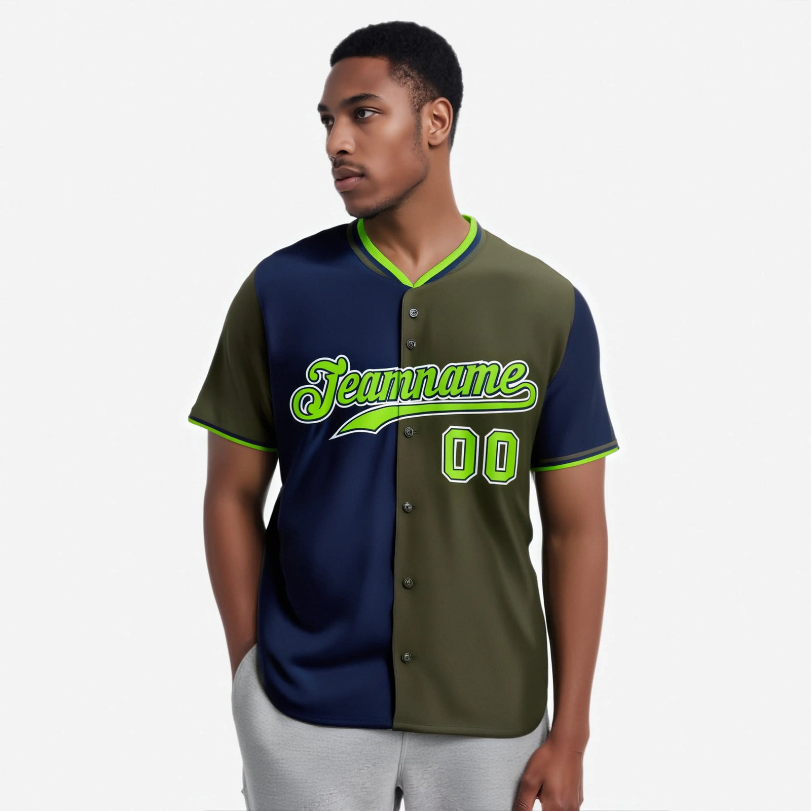 Custom Navy Olive Authentic Split Fashion Baseball Jersey