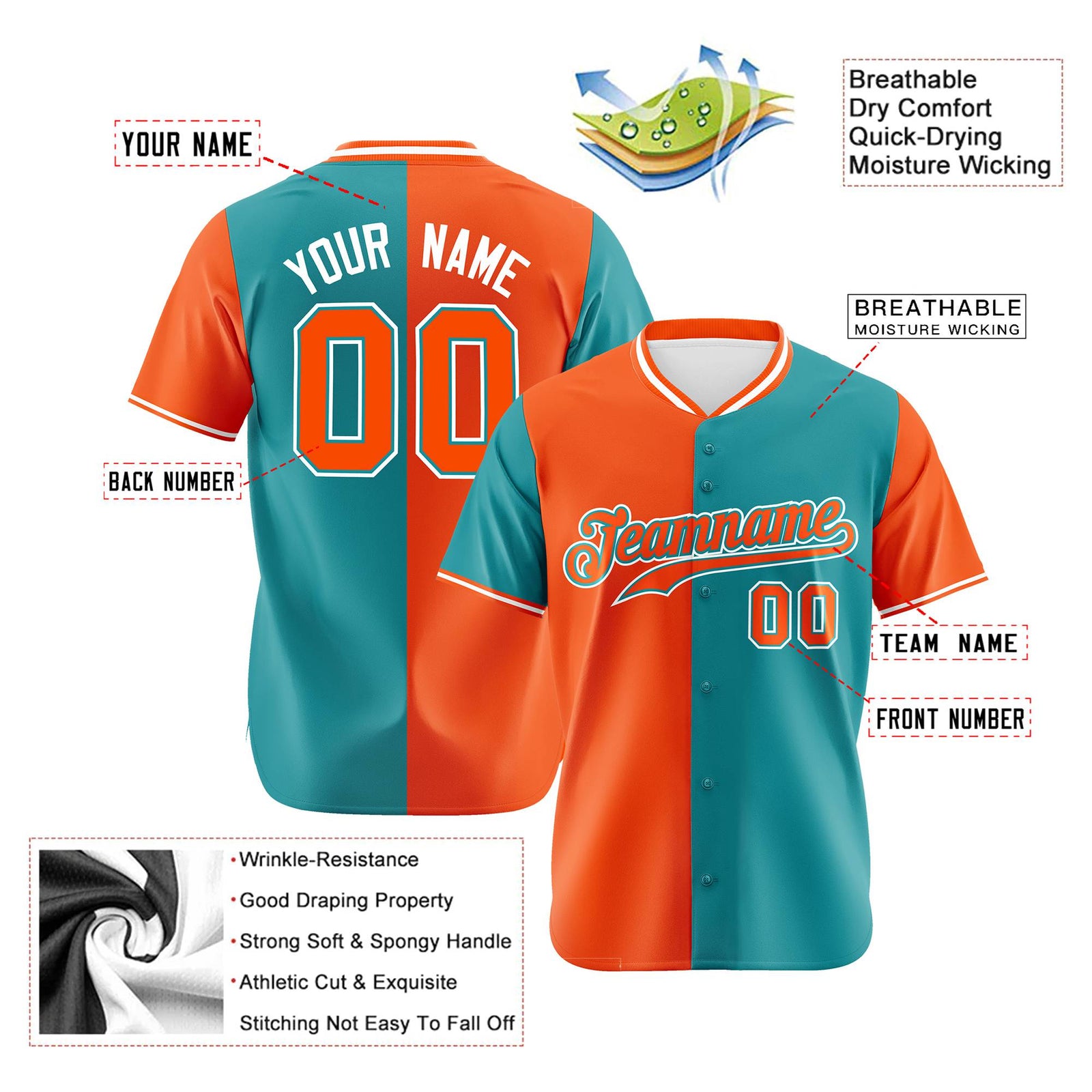 Custom Orange Aqua Authentic Split Fashion Baseball Jersey