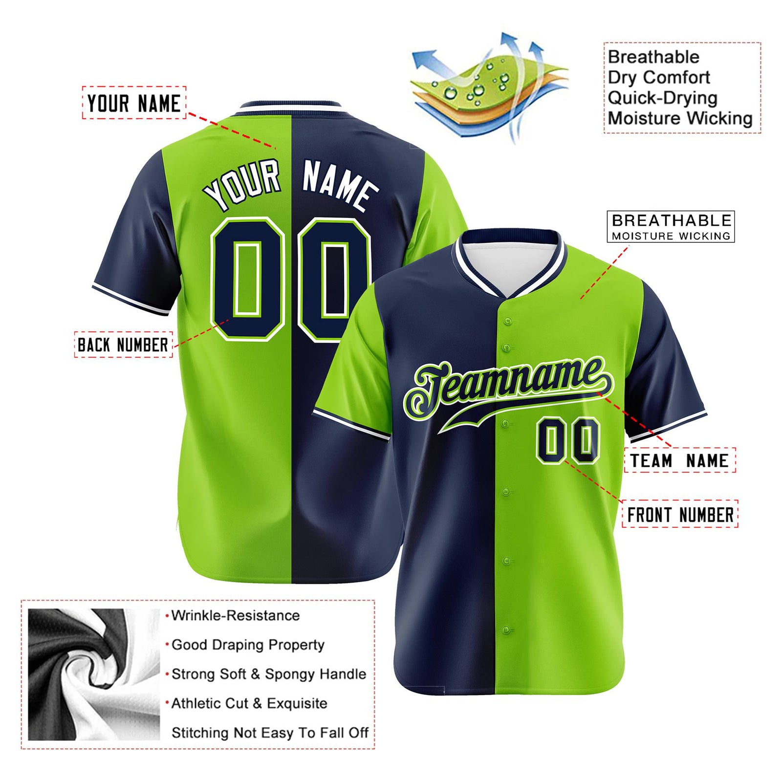 Custom Navy Neon Green Authentic Split Fashion Baseball Jersey