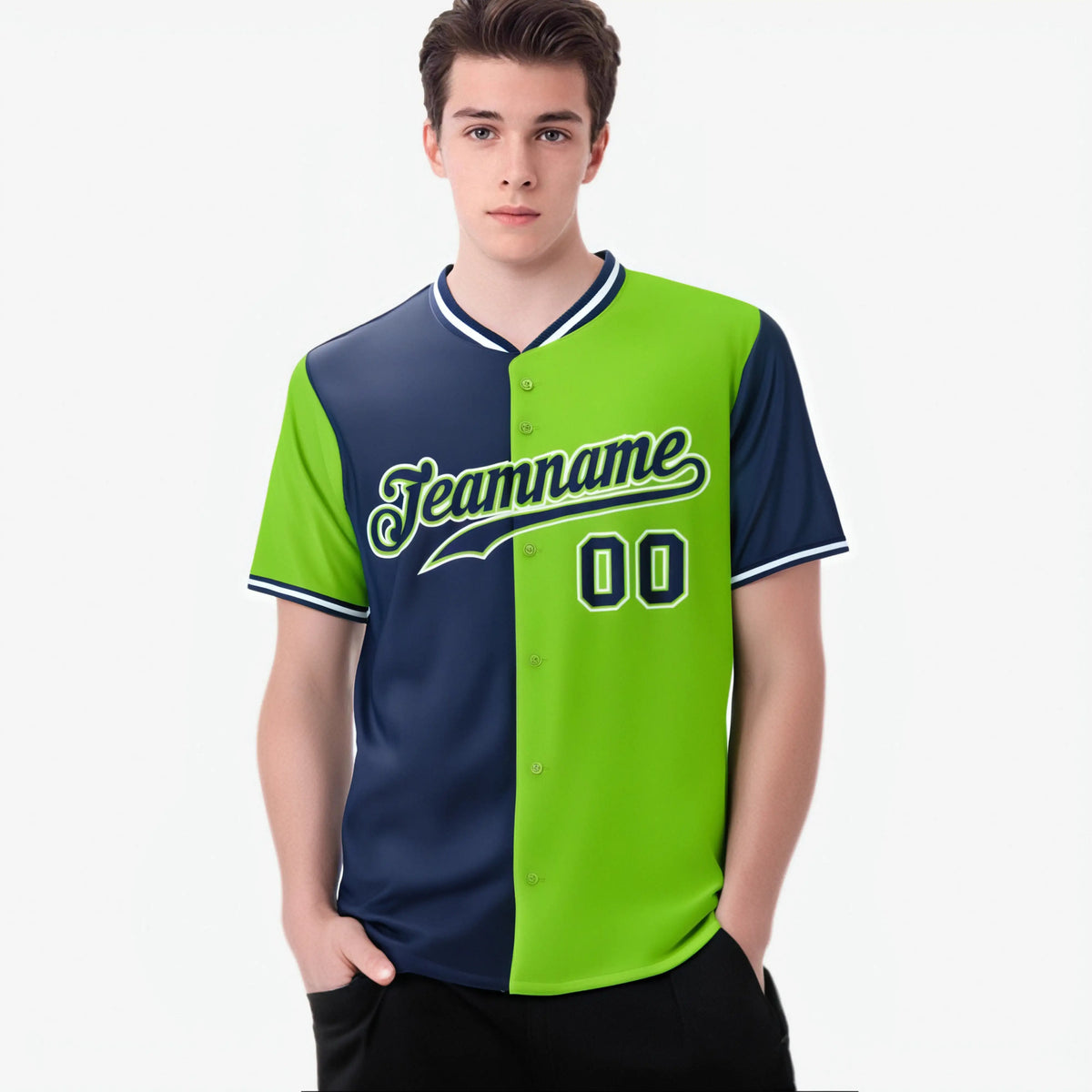 Custom Navy Neon Green Authentic Split Fashion Baseball Jersey