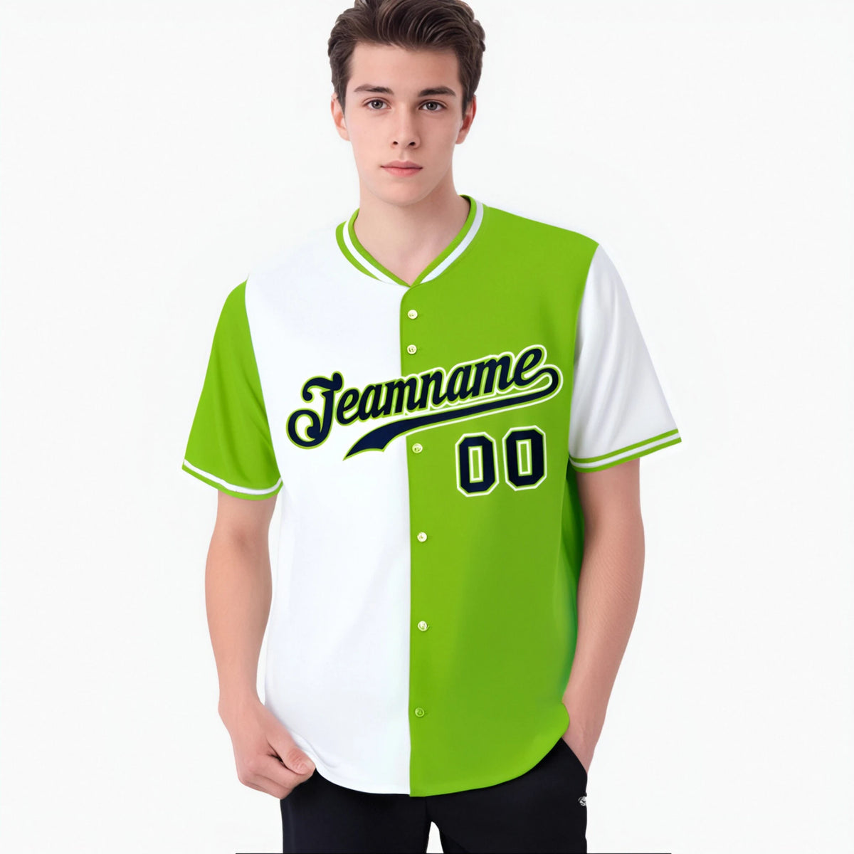 Custom White Neon Green Authentic Split Fashion Baseball Jersey