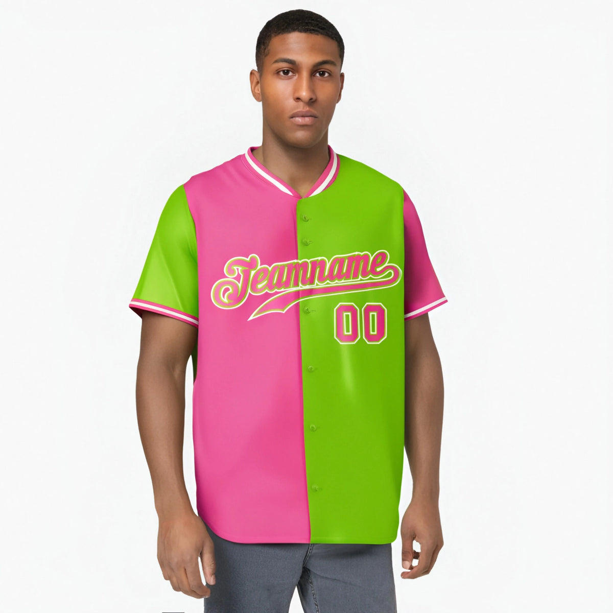 Custom Pink Neon Green Authentic Split Fashion Baseball Jersey