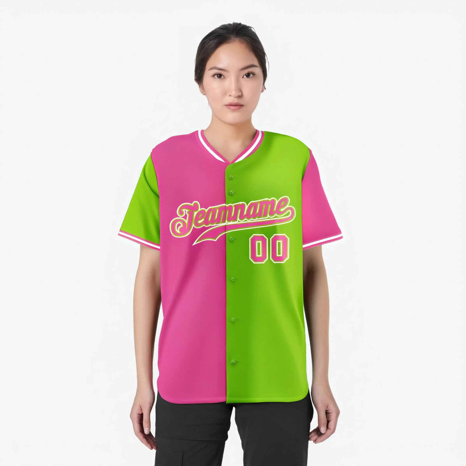 Custom Pink Neon Green Authentic Split Fashion Baseball Jersey
