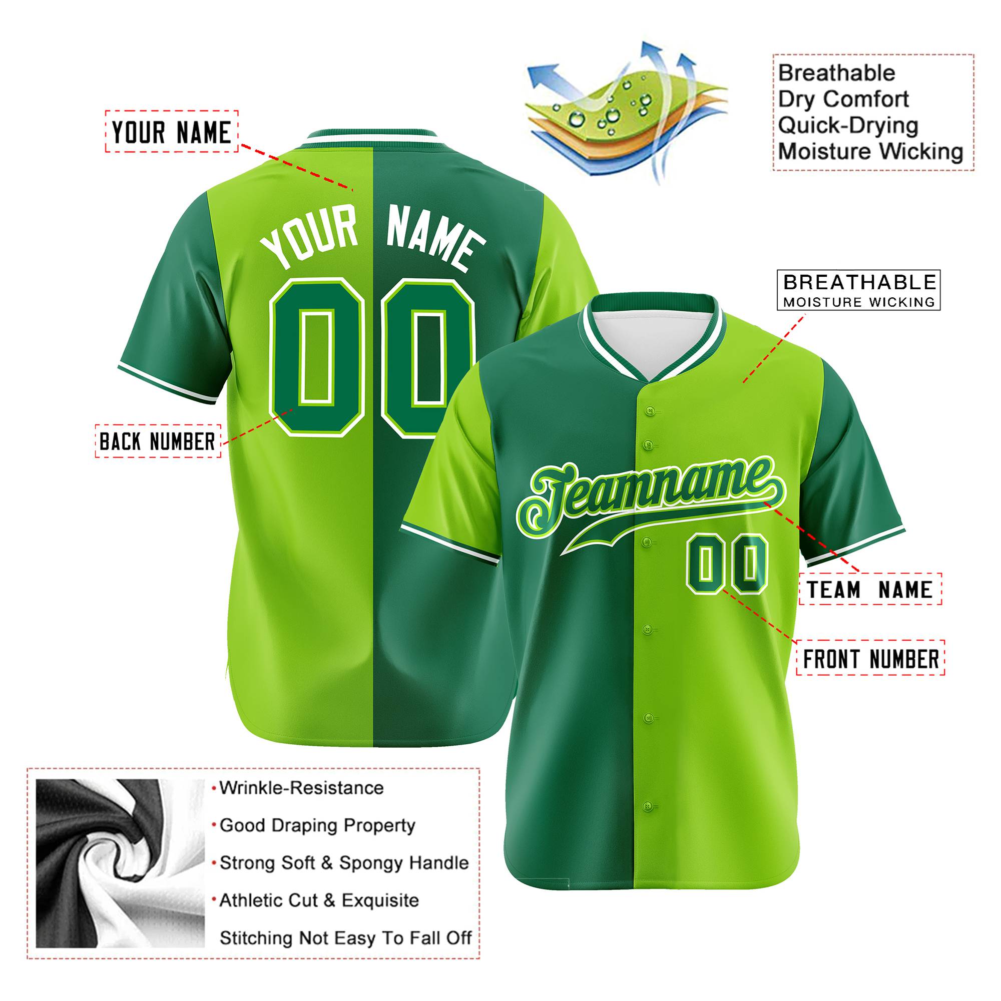 Custom Kelly Green-Neon Green Authentic Split Fashion Baseball Jersey