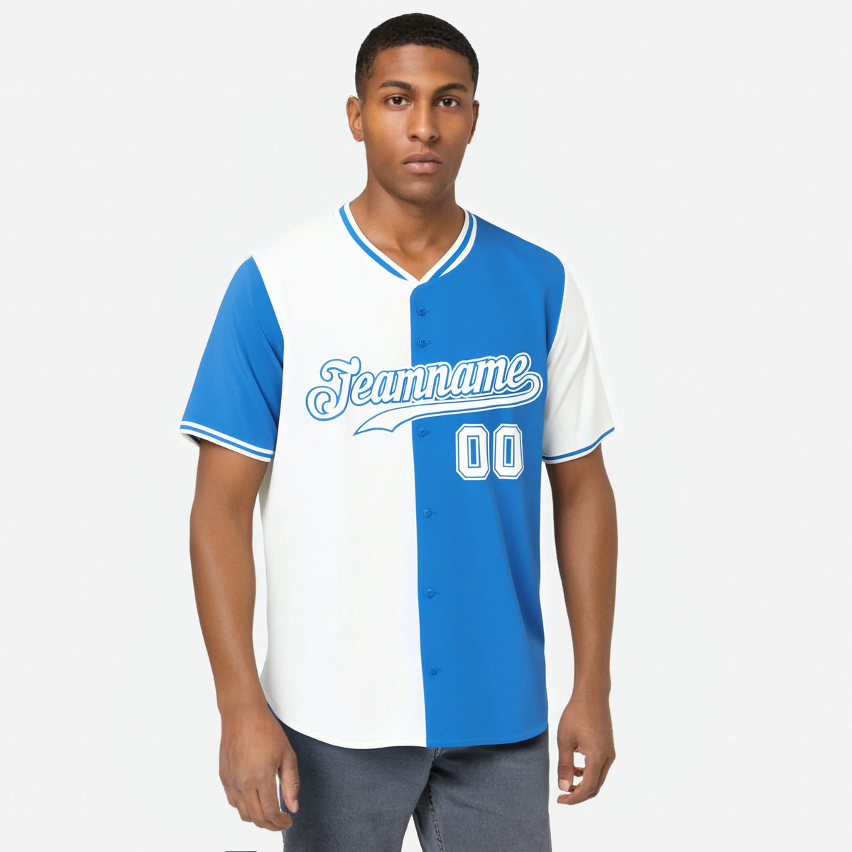 Custom White Powder Blue Authentic Split Fashion Baseball Jersey
