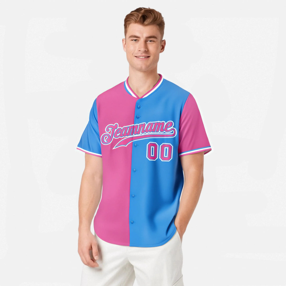 Custom Pink Powder Blue Authentic Split Fashion Baseball Jersey