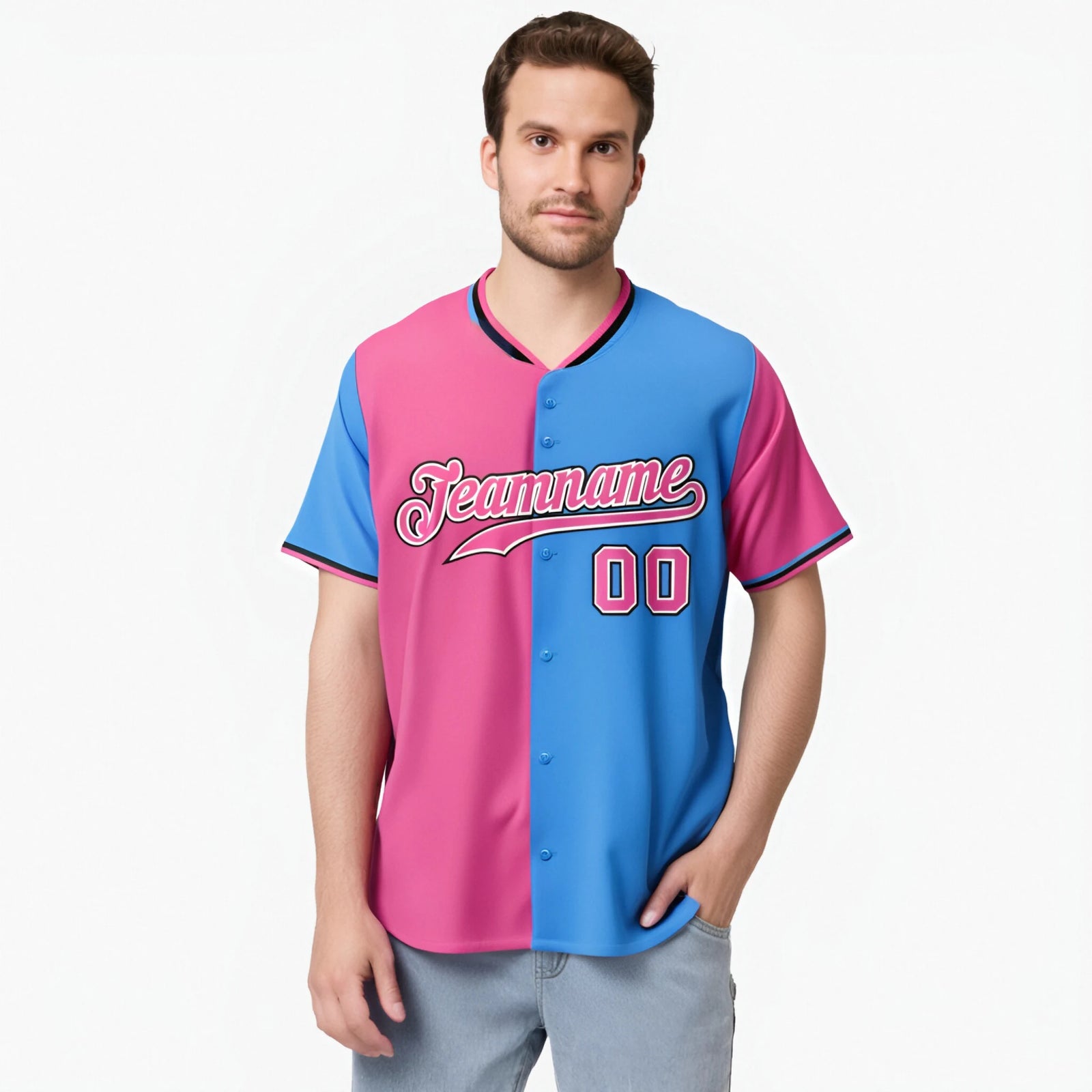 Custom Pink Powder Blue Authentic Split Fashion Baseball Jersey