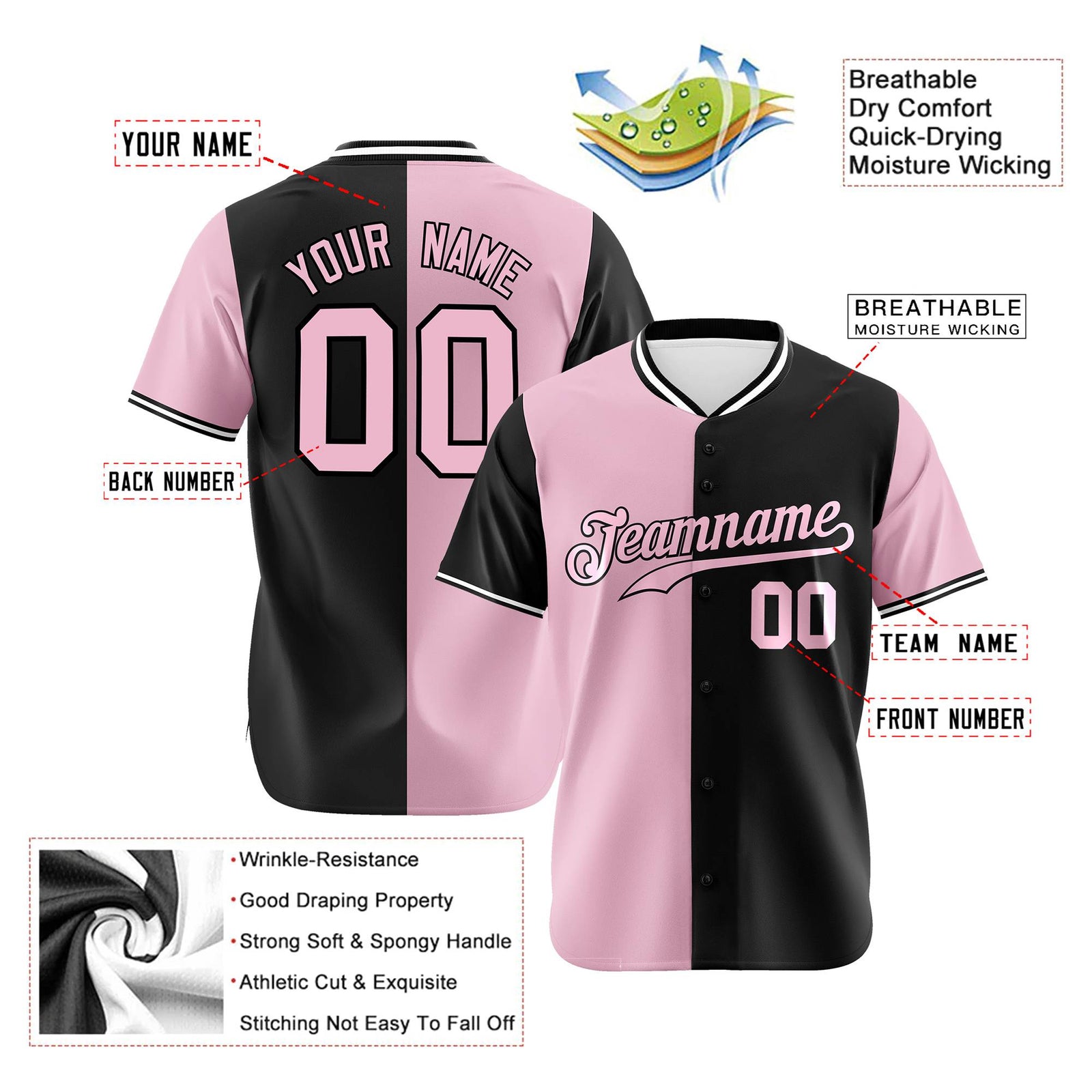 Custom Light Pink Black Authentic Split Fashion Baseball Jersey