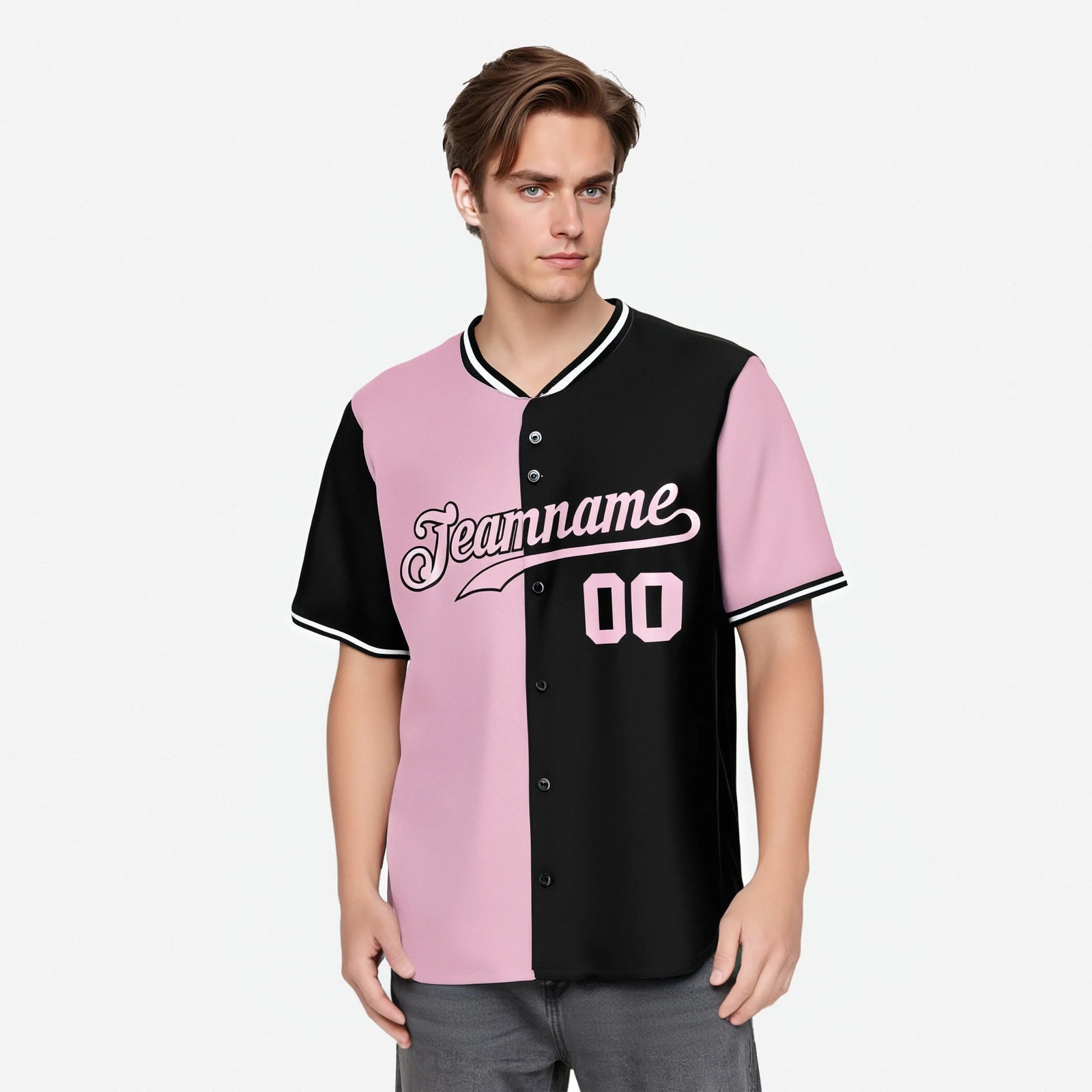 Custom Light Pink Black Authentic Split Fashion Baseball Jersey