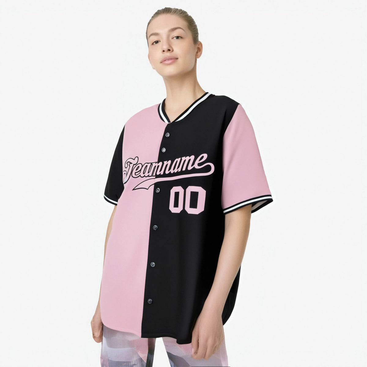 Custom Light Pink Black Authentic Split Fashion Baseball Jersey