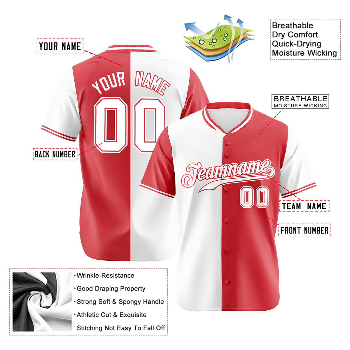Custom White Light Red Authentic Split Fashion Baseball Jersey
