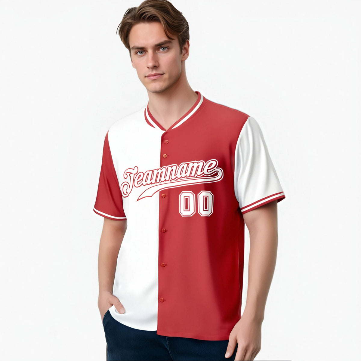 Custom White Light Red Authentic Split Fashion Baseball Jersey