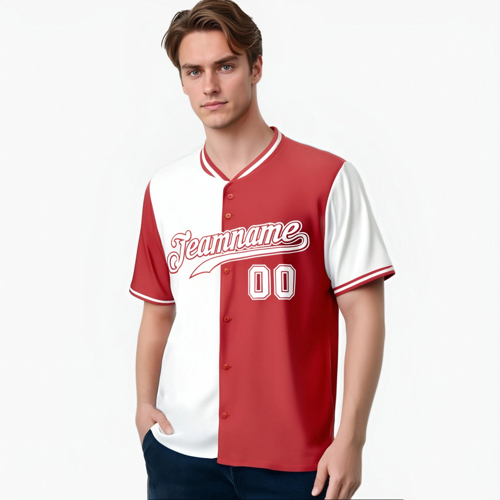 Custom White Light Red Authentic Split Fashion Baseball Jersey