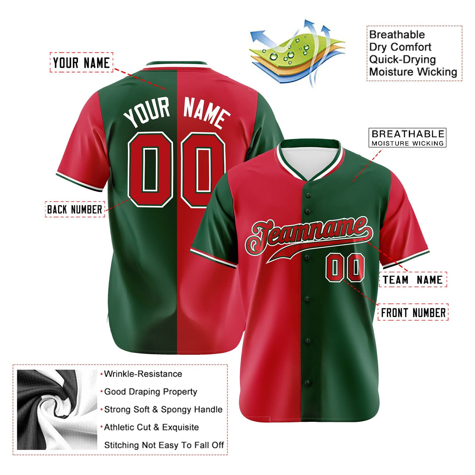 Custom Red Green Authentic Split Fashion Baseball Jersey