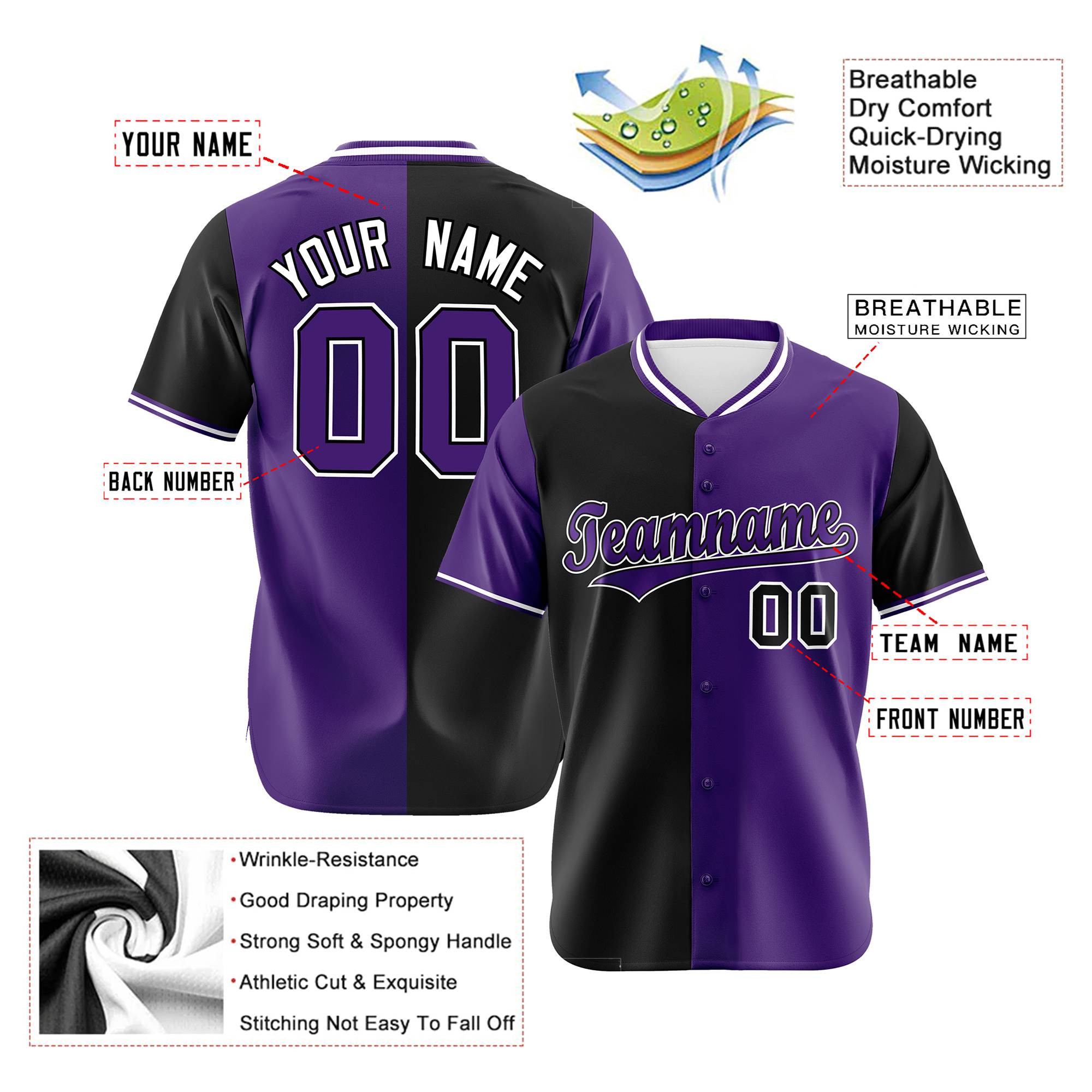 Custom Black Purple Authentic Split Fashion Baseball Jersey