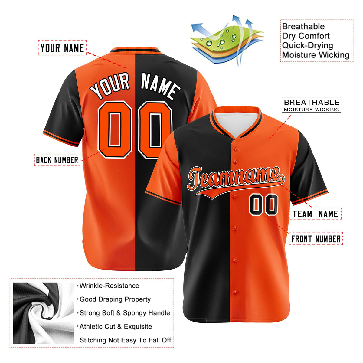 Custom Black Orange Authentic Split Fashion Baseball Jersey