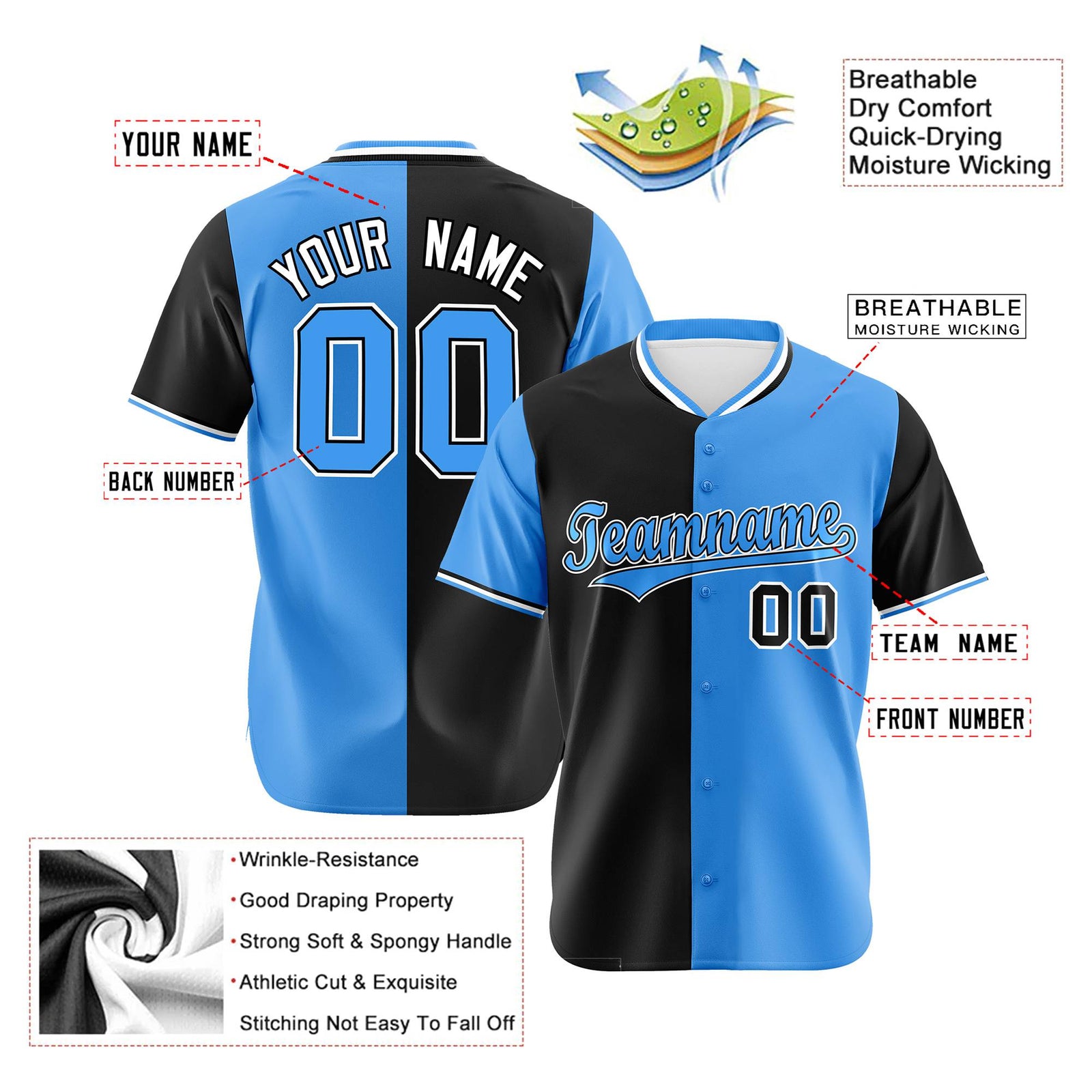 Custom Black Powder Blue Authentic Split Fashion Baseball Jersey