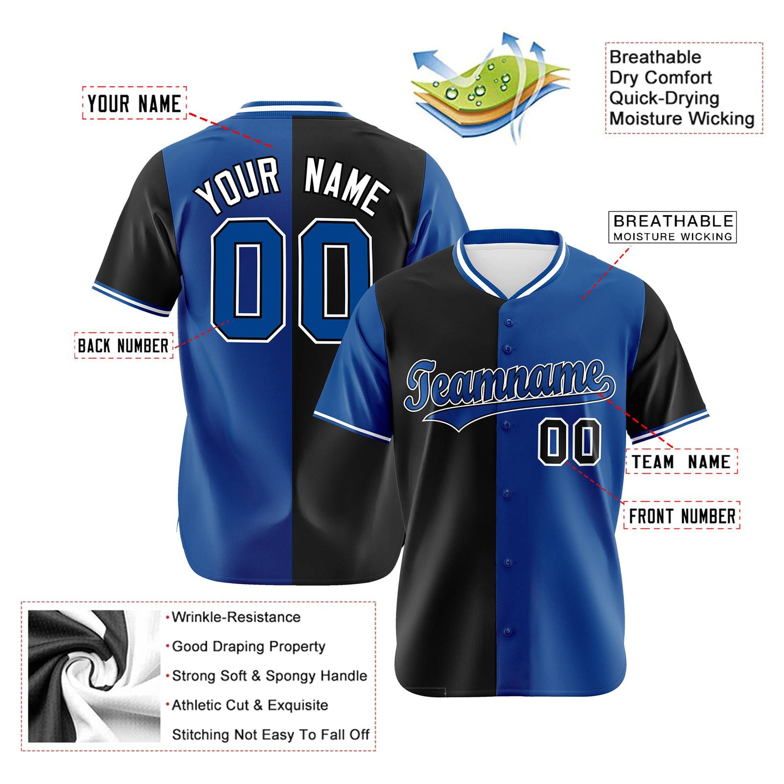 Custom Black Royal Blue Authentic Split Fashion Baseball Jersey