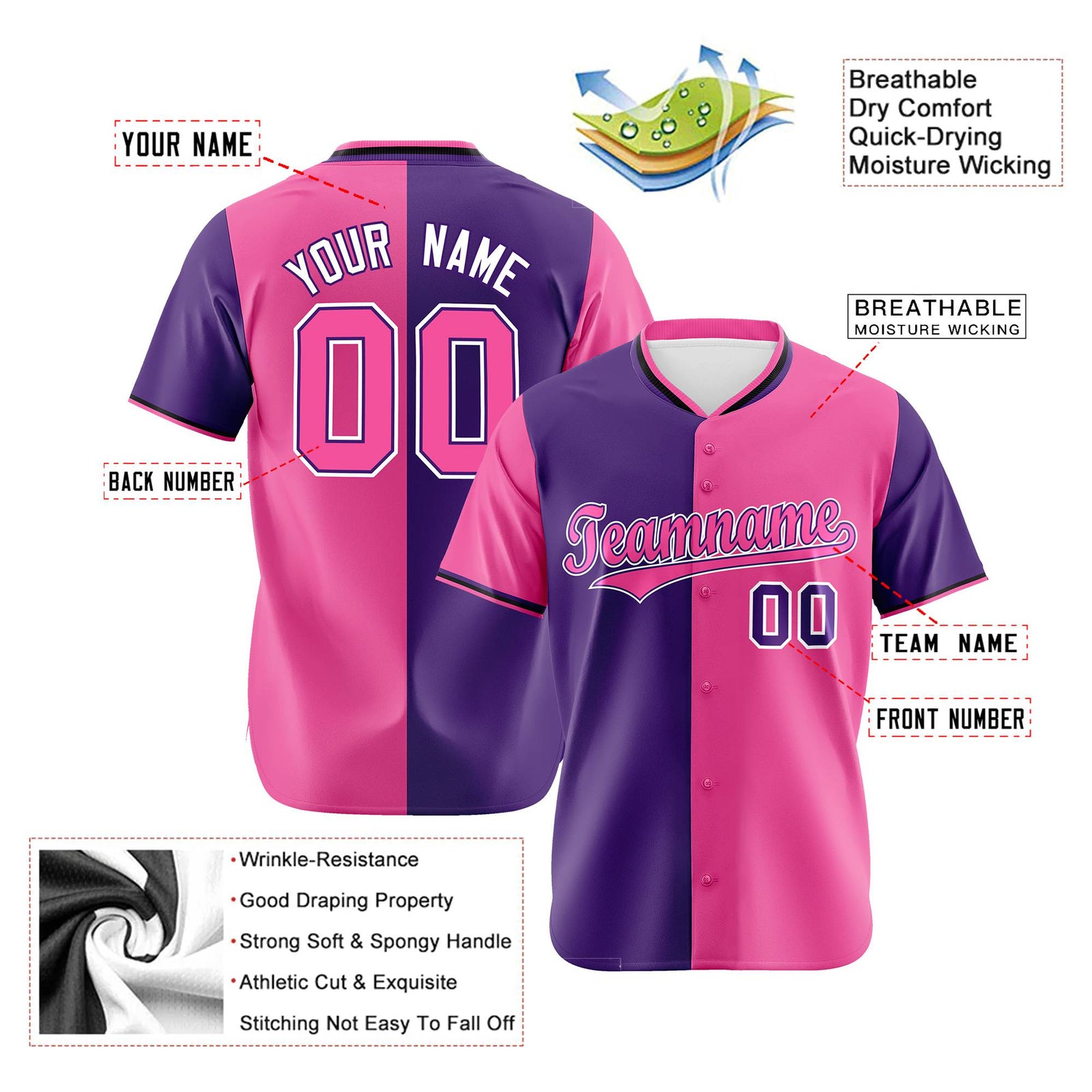 Custom Purple Pink Authentic Split Fashion Baseball Jersey