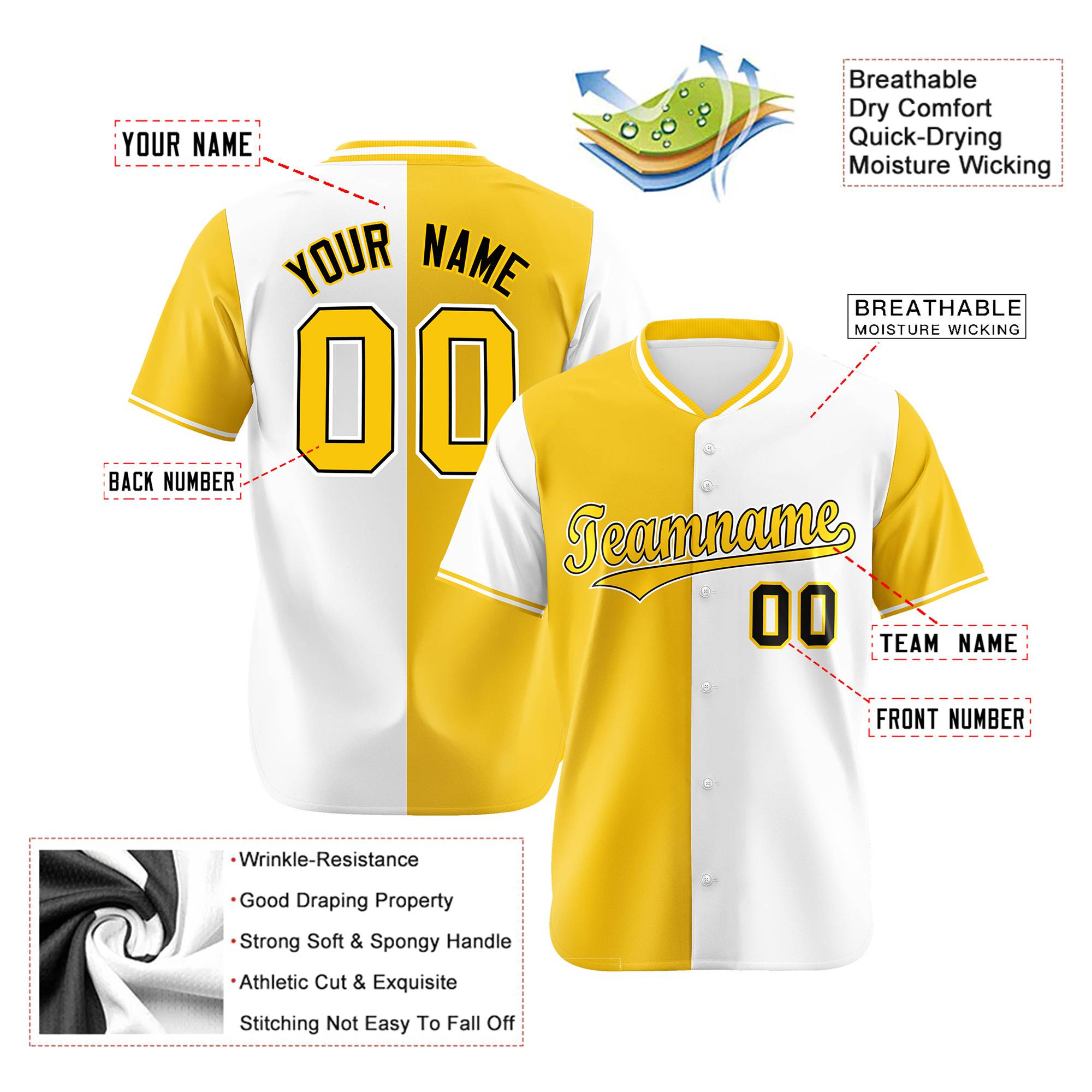 Custom Gold White Authentic Split Fashion Baseball Jersey