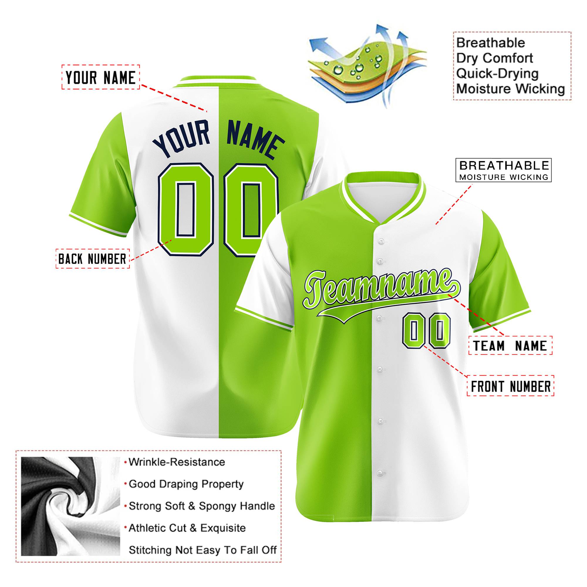 Custom Neon Green White Authentic Split Fashion Baseball Jersey