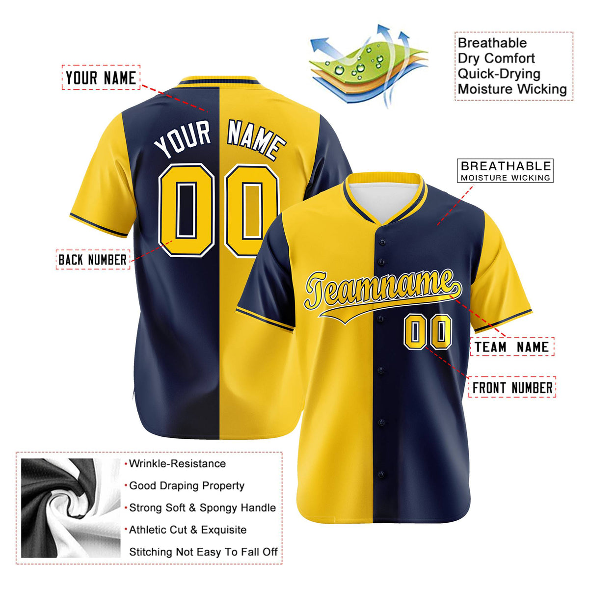 Custom Gold Navy Authentic Split Fashion Baseball Jersey