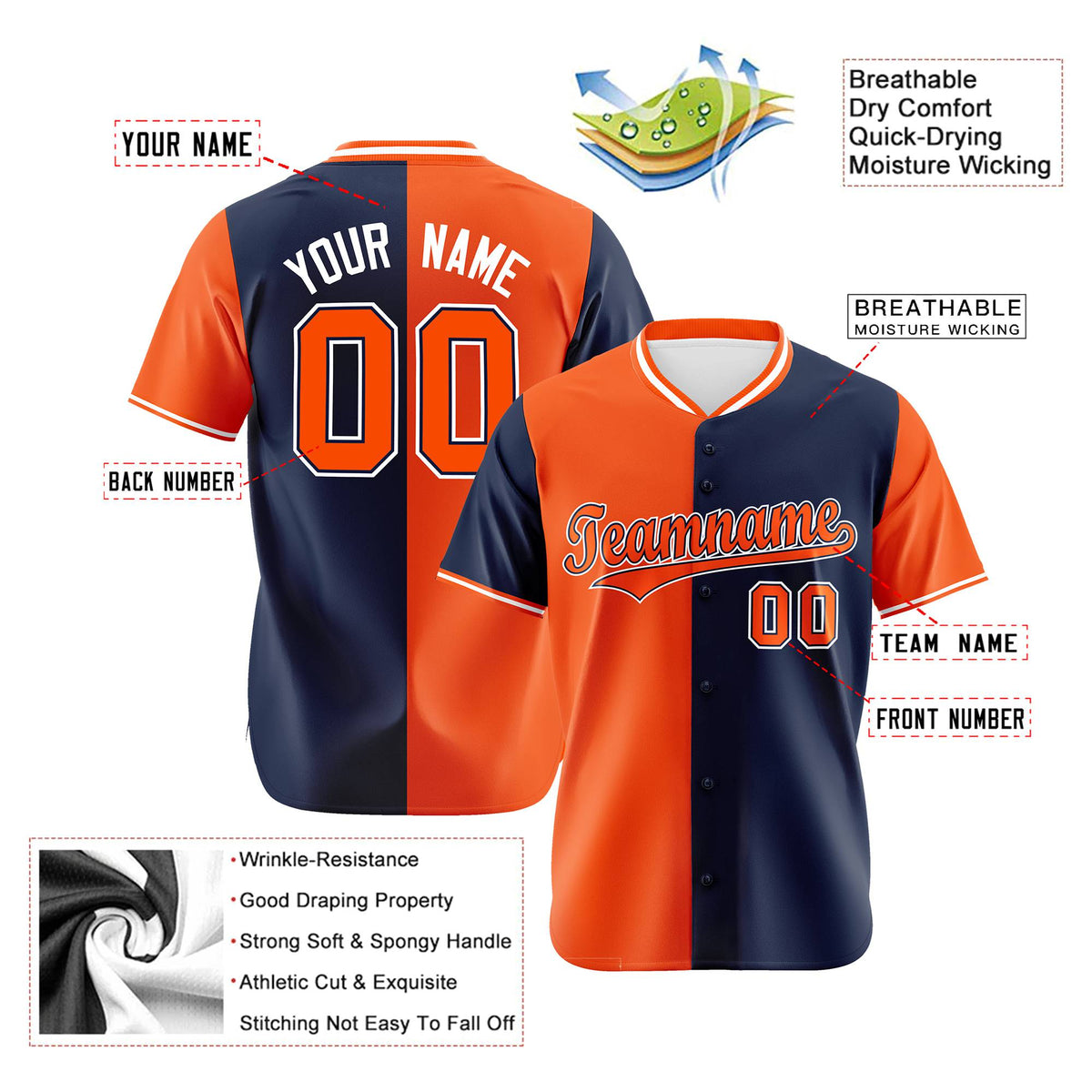 Custom Orange Navy Authentic Split Fashion Baseball Jersey