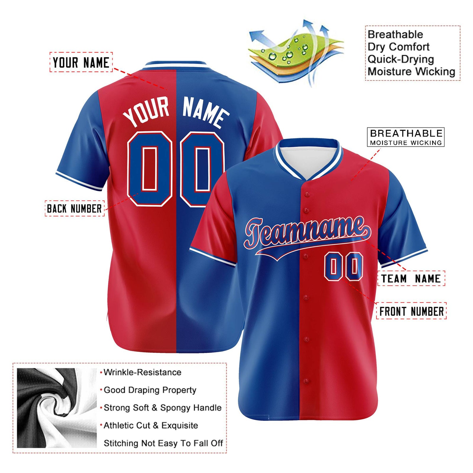 Custom Royal Blue Red Authentic Split Fashion Baseball Jersey