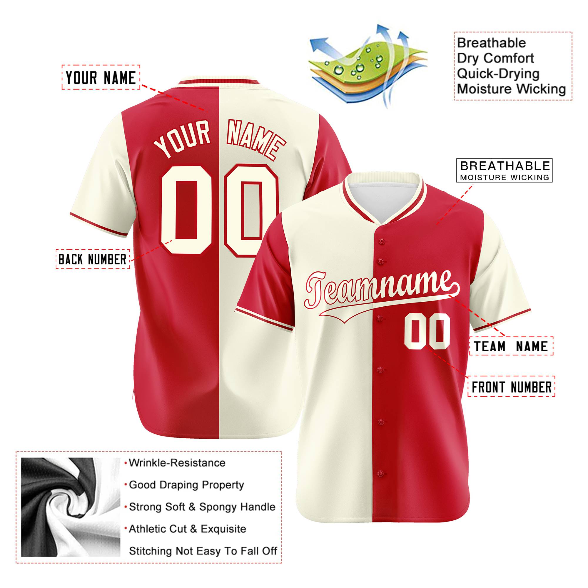 Custom Cream Red Authentic Split Fashion Baseball Jersey